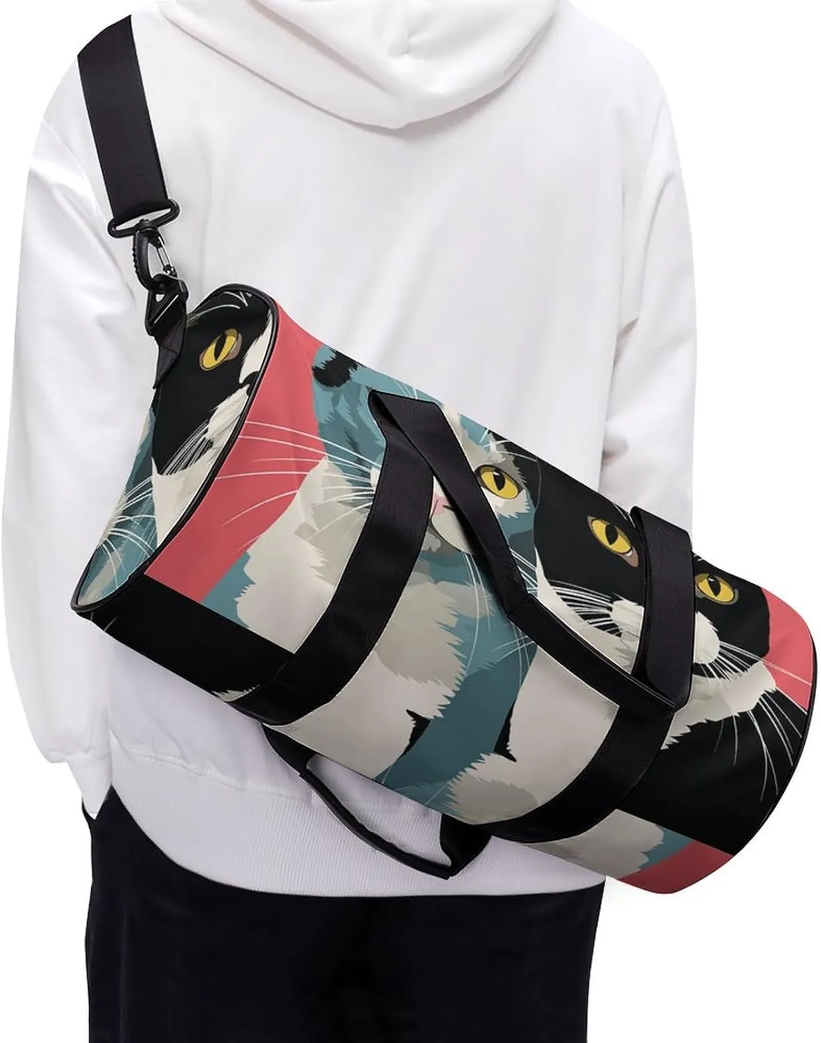 Gym Bag for Men Women Black And White Cat Duffel Bag Overnight Bag with Compartment Gym Sackpac