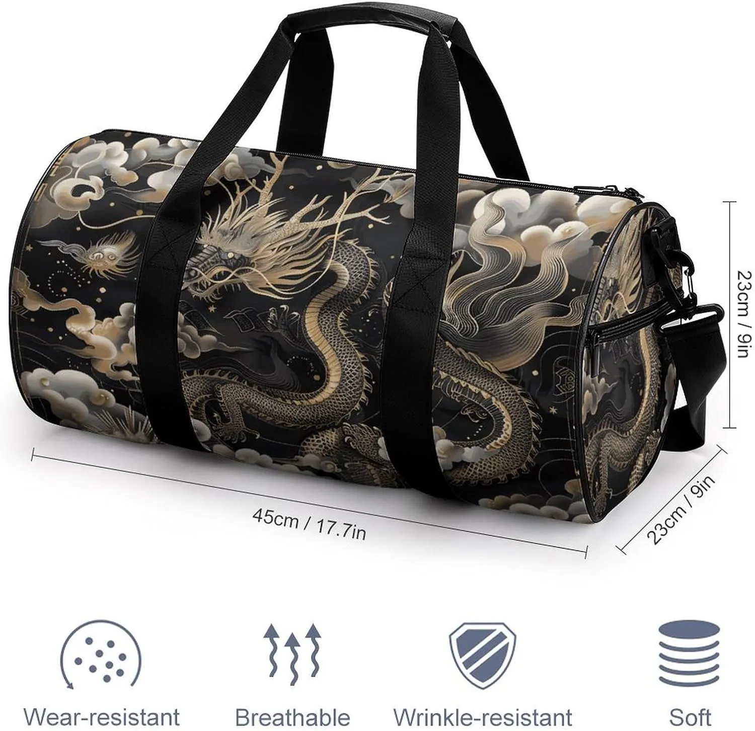 Gym Bag for Men Women Black Chinese Dragon Duffel Bag Overnight Bag with Compartment Gym Sackpac