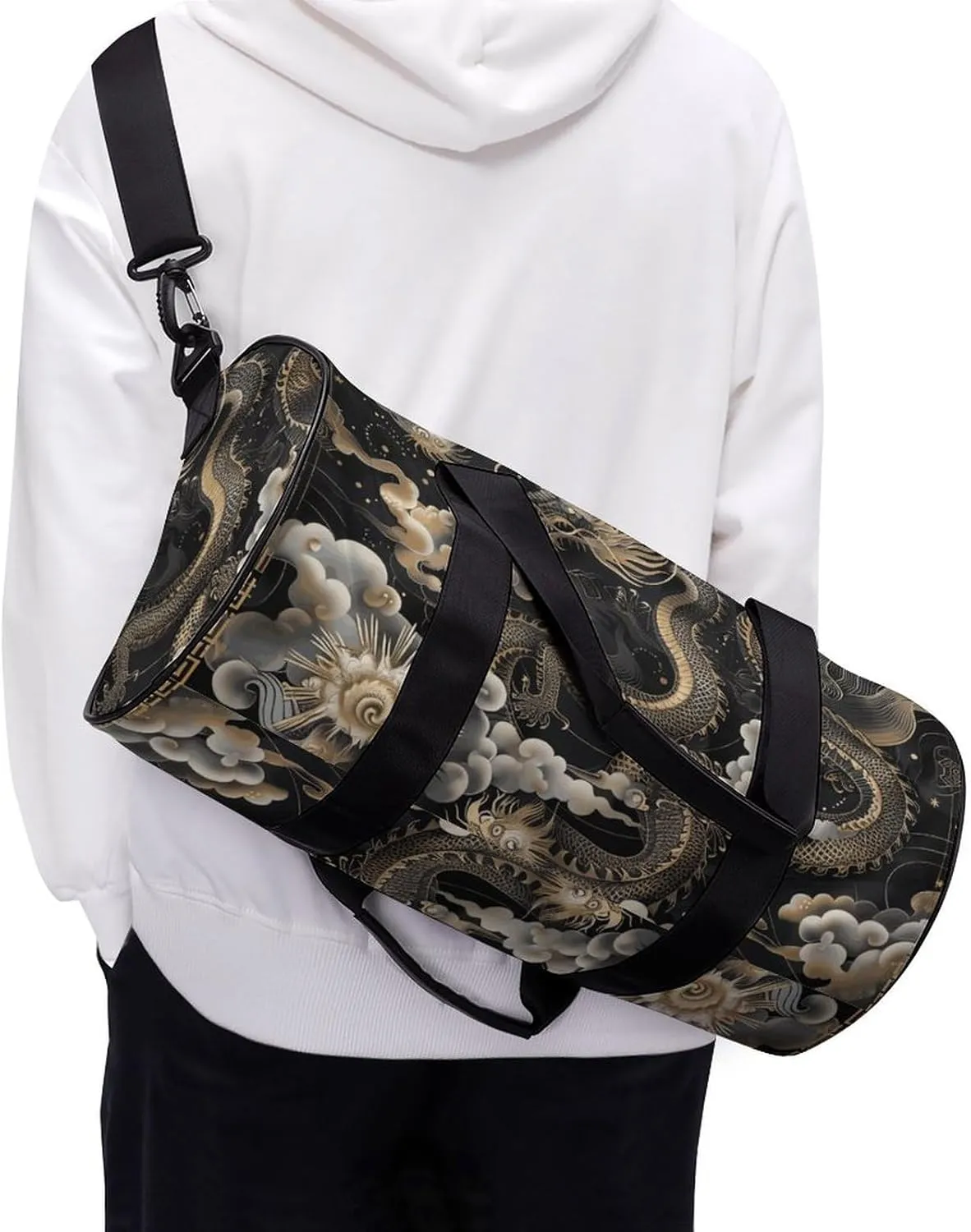 Gym Bag for Men Women Black Chinese Dragon Duffel Bag Overnight Bag with Compartment Gym Sackpac