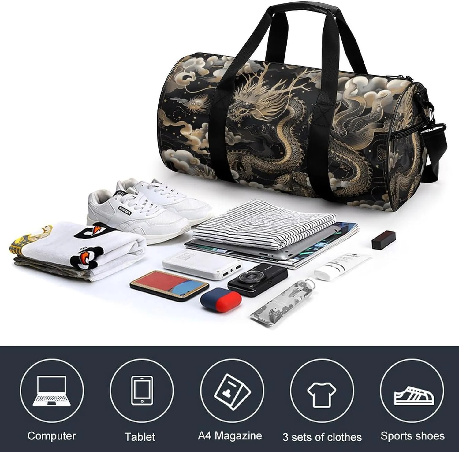 Gym Bag for Men Women Black Chinese Dragon Duffel Bag Overnight Bag with Compartment Gym Sackpac