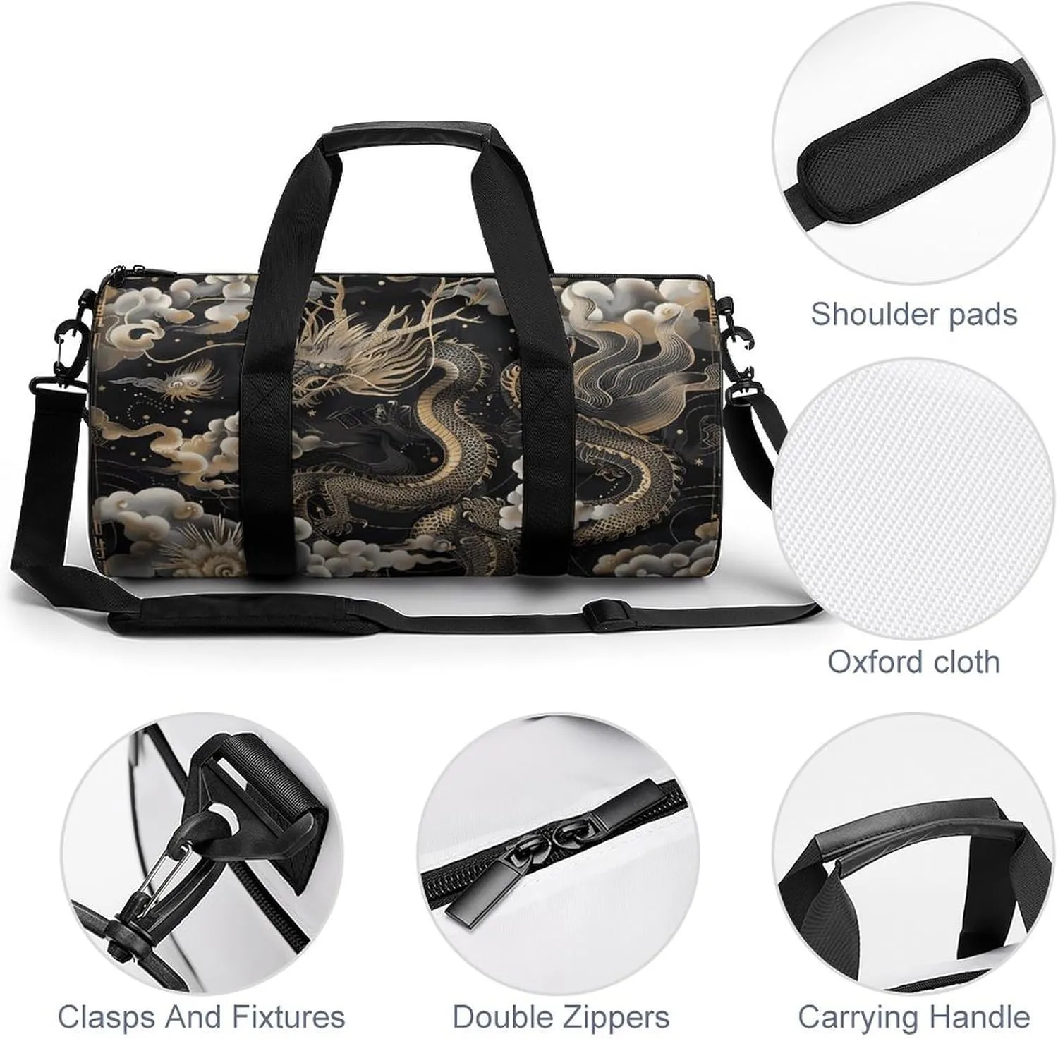 Gym Bag for Men Women Black Chinese Dragon Duffel Bag Overnight Bag with Compartment Gym Sackpac