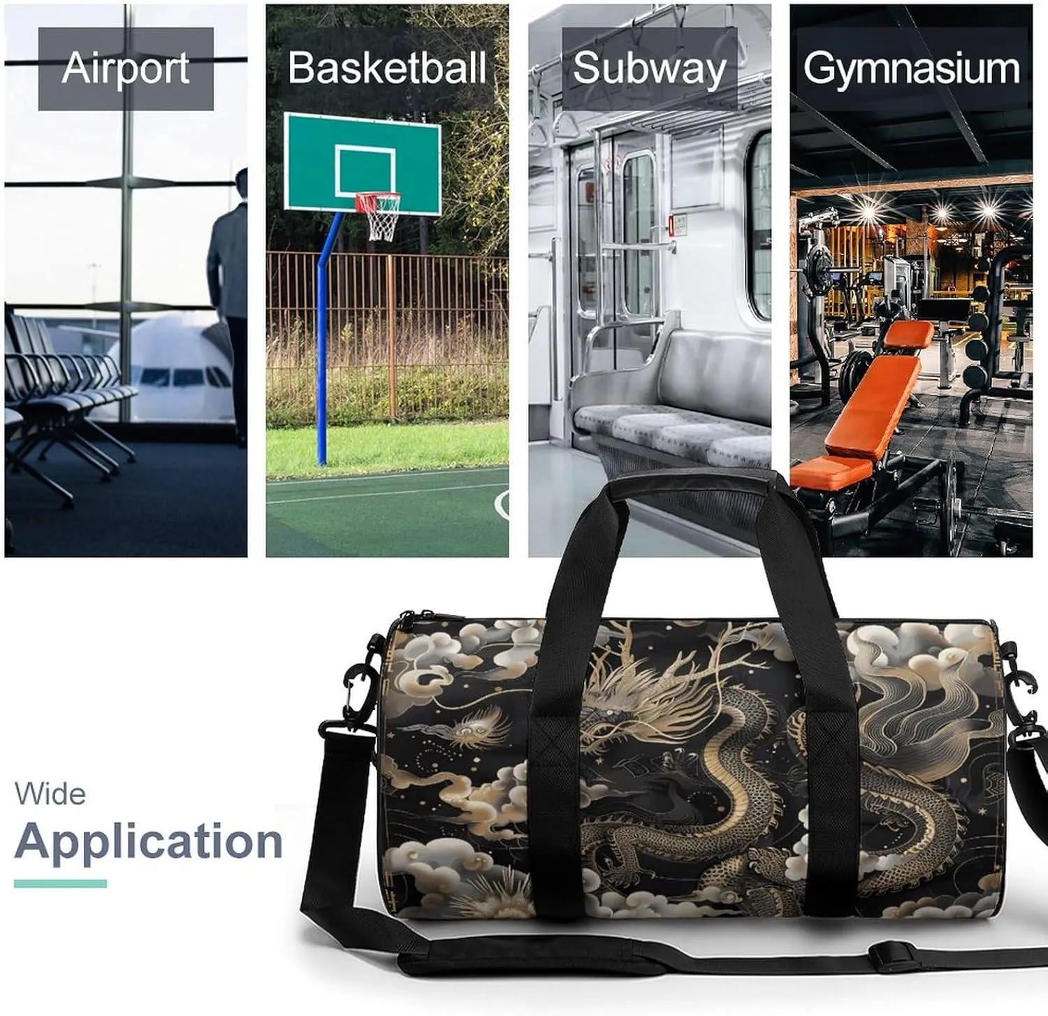 Gym Bag for Men Women Black Chinese Dragon Duffel Bag Overnight Bag with Compartment Gym Sackpac