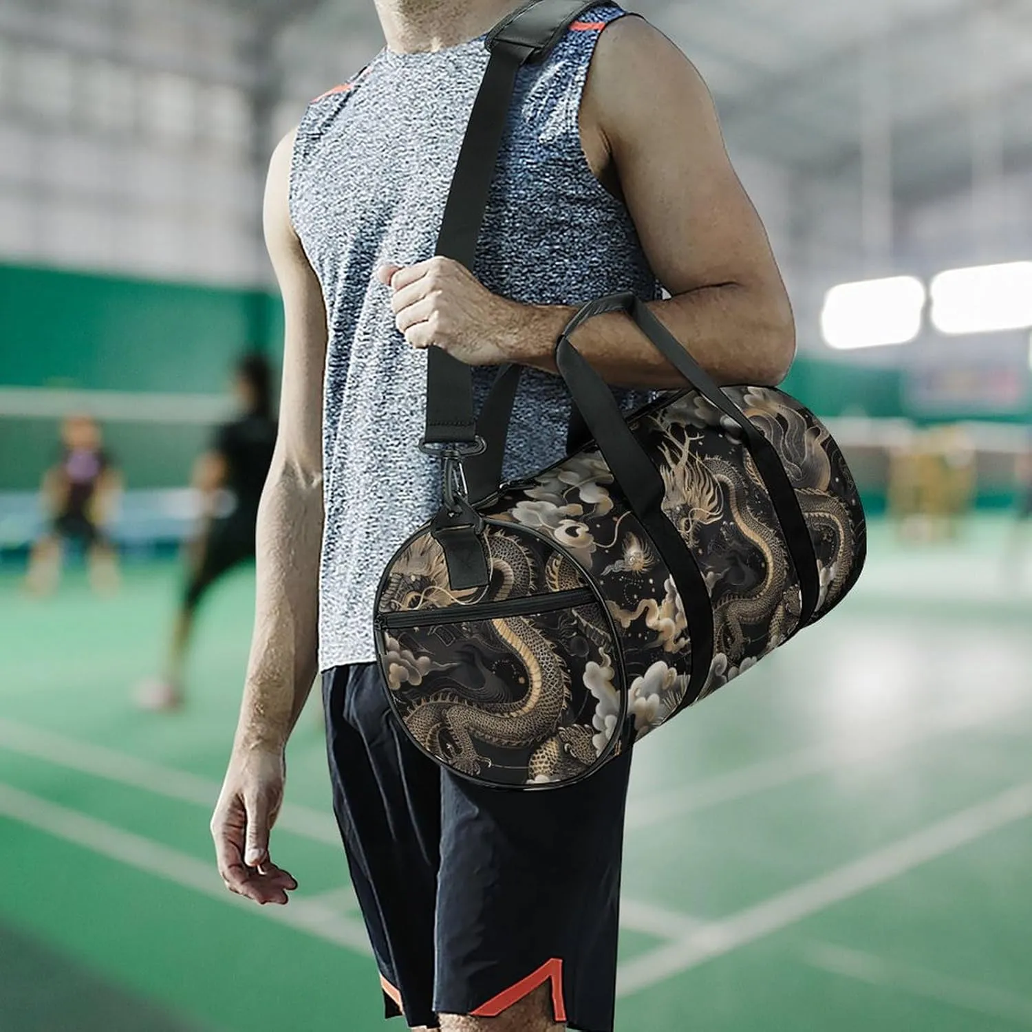 Gym Bag for Men Women Black Chinese Dragon Duffel Bag Overnight Bag with Compartment Gym Sackpac