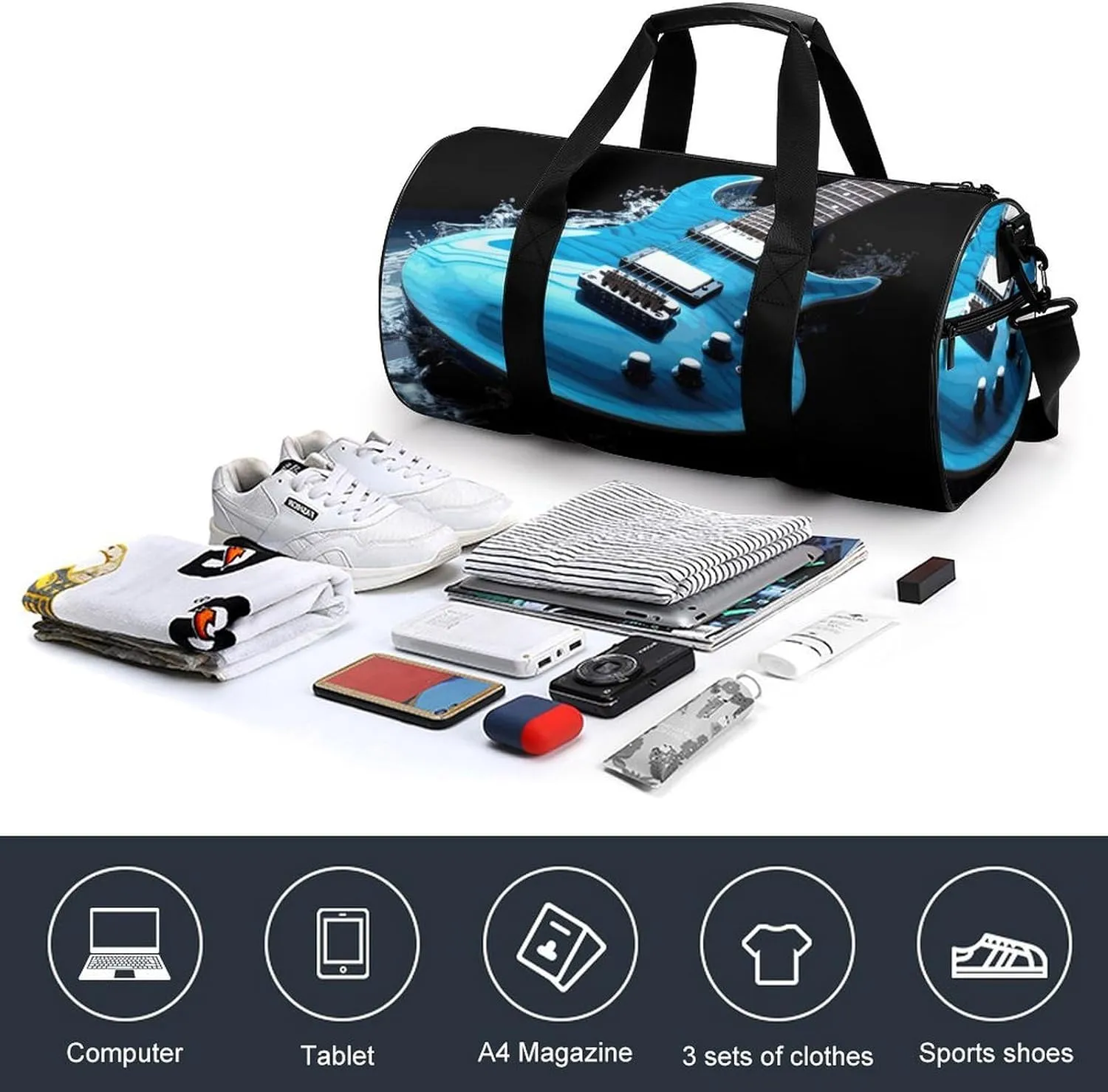 Gym Bag for Men Women Blue Guitar Duffel Bag Overnight Bag with Compartment Gym Sackpac