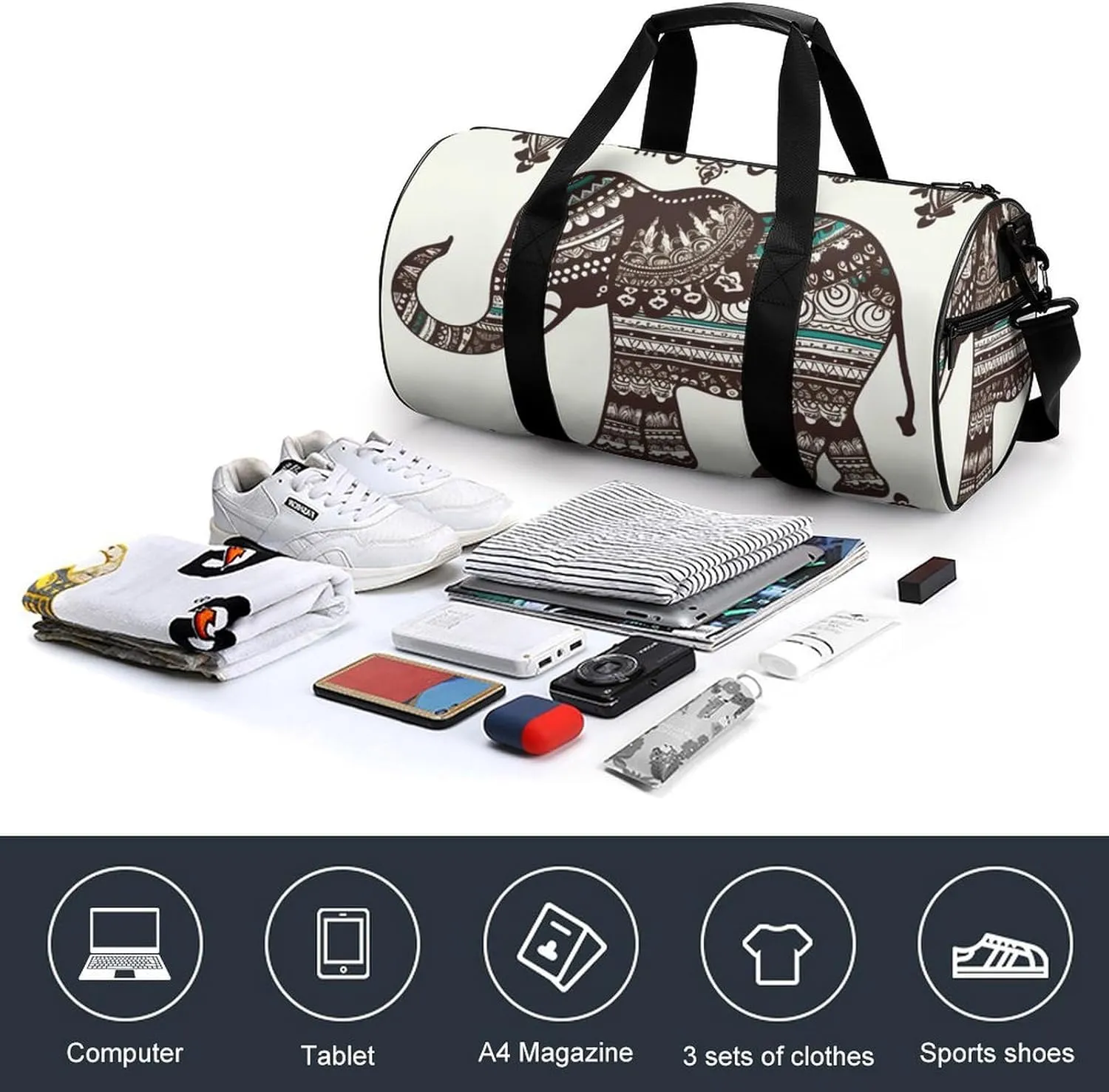Gym Bag for Men Women Bohemian Elephant Pattern Duffel Bag Overnight Bag with Compartment Gym Sackpac