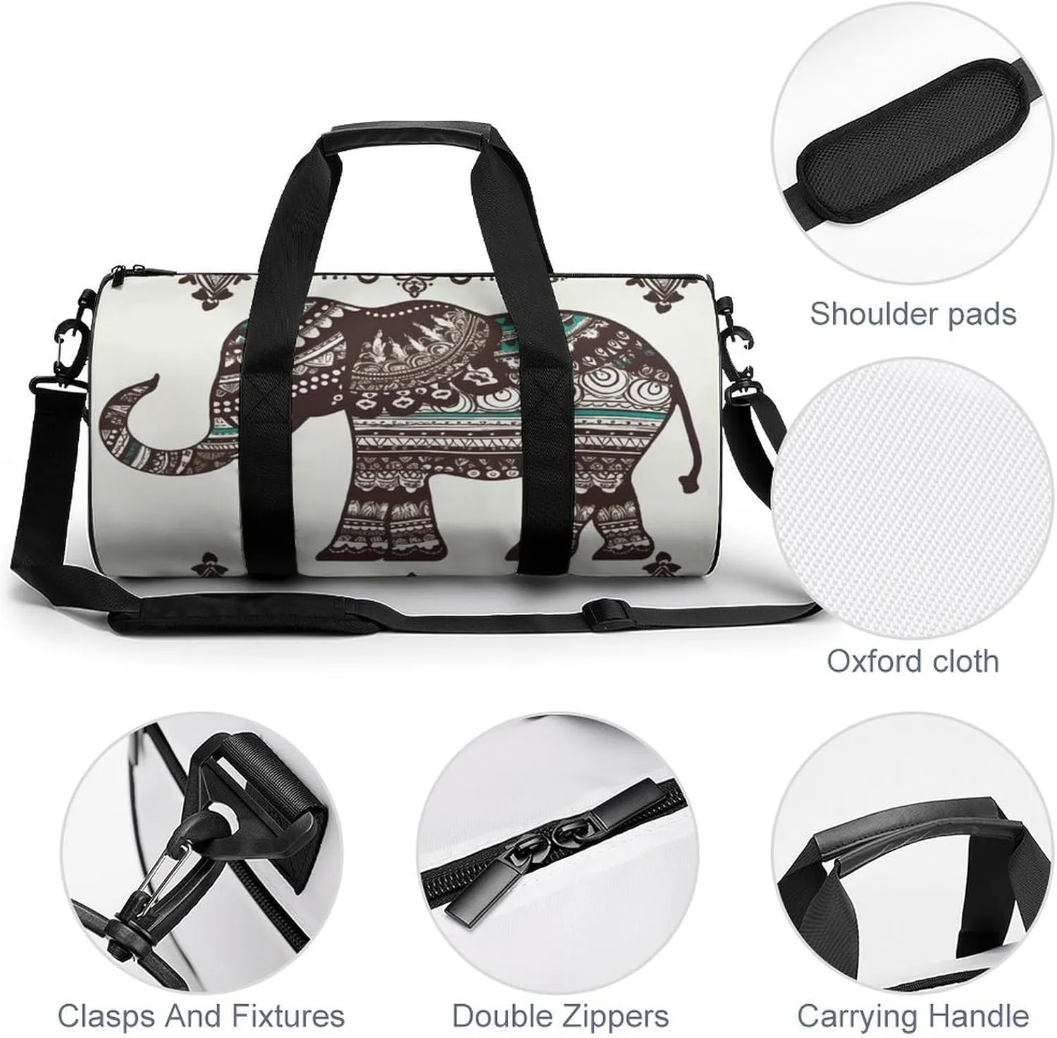 Gym Bag for Men Women Bohemian Elephant Pattern Duffel Bag Overnight Bag with Compartment Gym Sackpac
