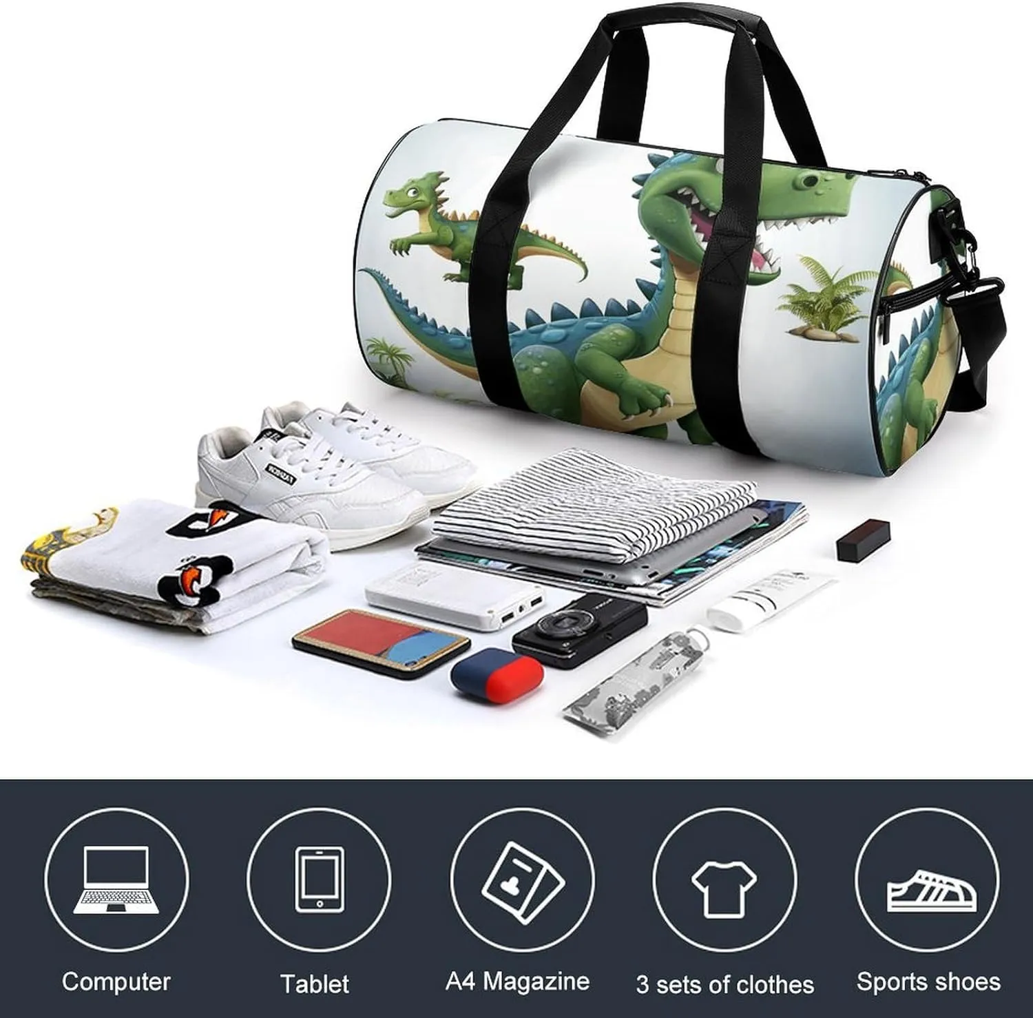 Gym Bag for Men Women Cartoon Dinosaur Images Duffel Bag Overnight Bag with Compartment Gym Sackpac