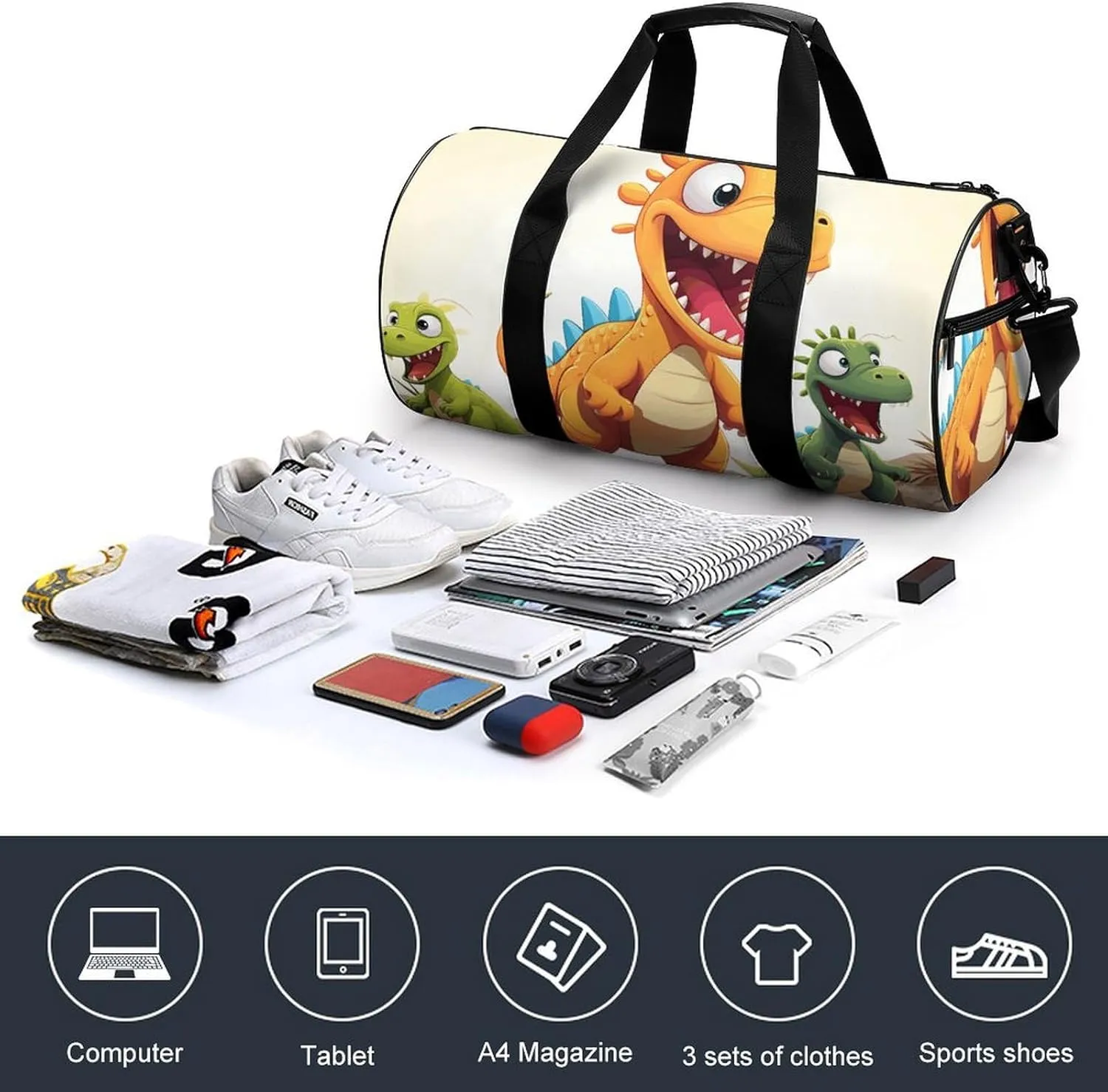 Gym Bag for Men Women Cartoon Dinosaur Images Duffel Bag Overnight Bag with Compartment Gym Sackpac
