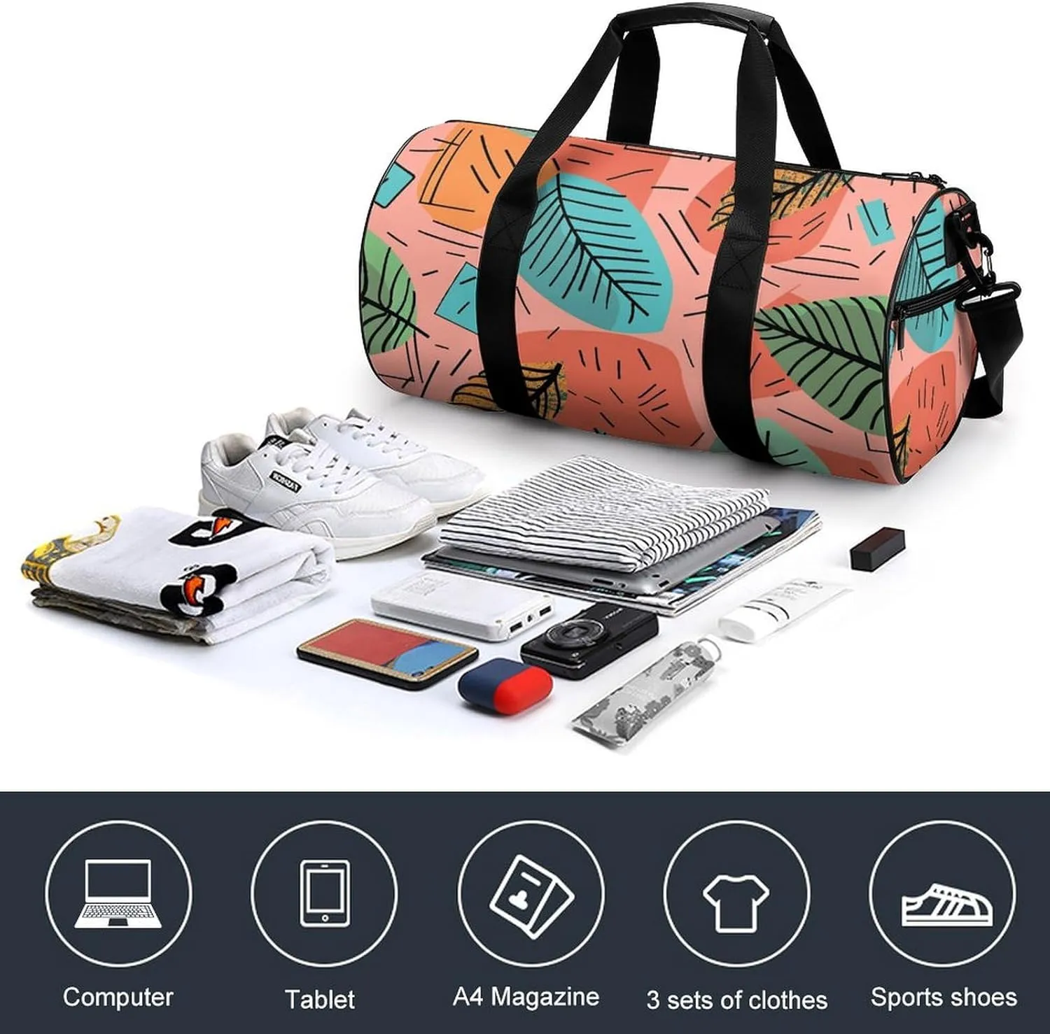 Gym Bag for Men Women Cartoon Style Leaves Duffel Bag Overnight Bag with Compartment Gym Sackpac
