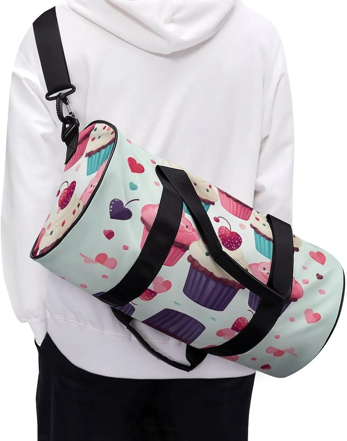 Gym Bag for Men Women Cupcake Candy Hearts Sweet Duffel Bag Overnight Bag with Compartment Gym Sackpac