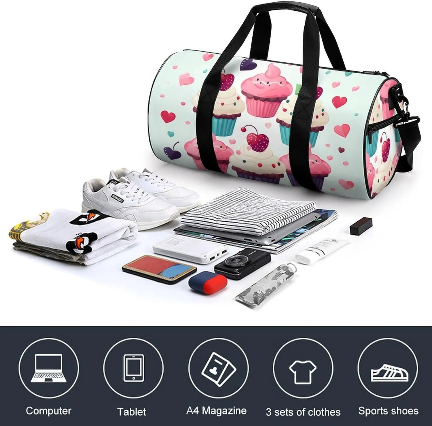 Gym Bag for Men Women Cupcake Candy Hearts Sweet Duffel Bag Overnight Bag with Compartment Gym Sackpac