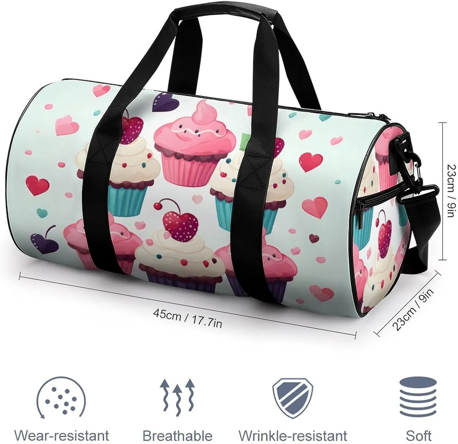 Gym Bag for Men Women Cupcake Candy Hearts Sweet Duffel Bag Overnight Bag with Compartment Gym Sackpac