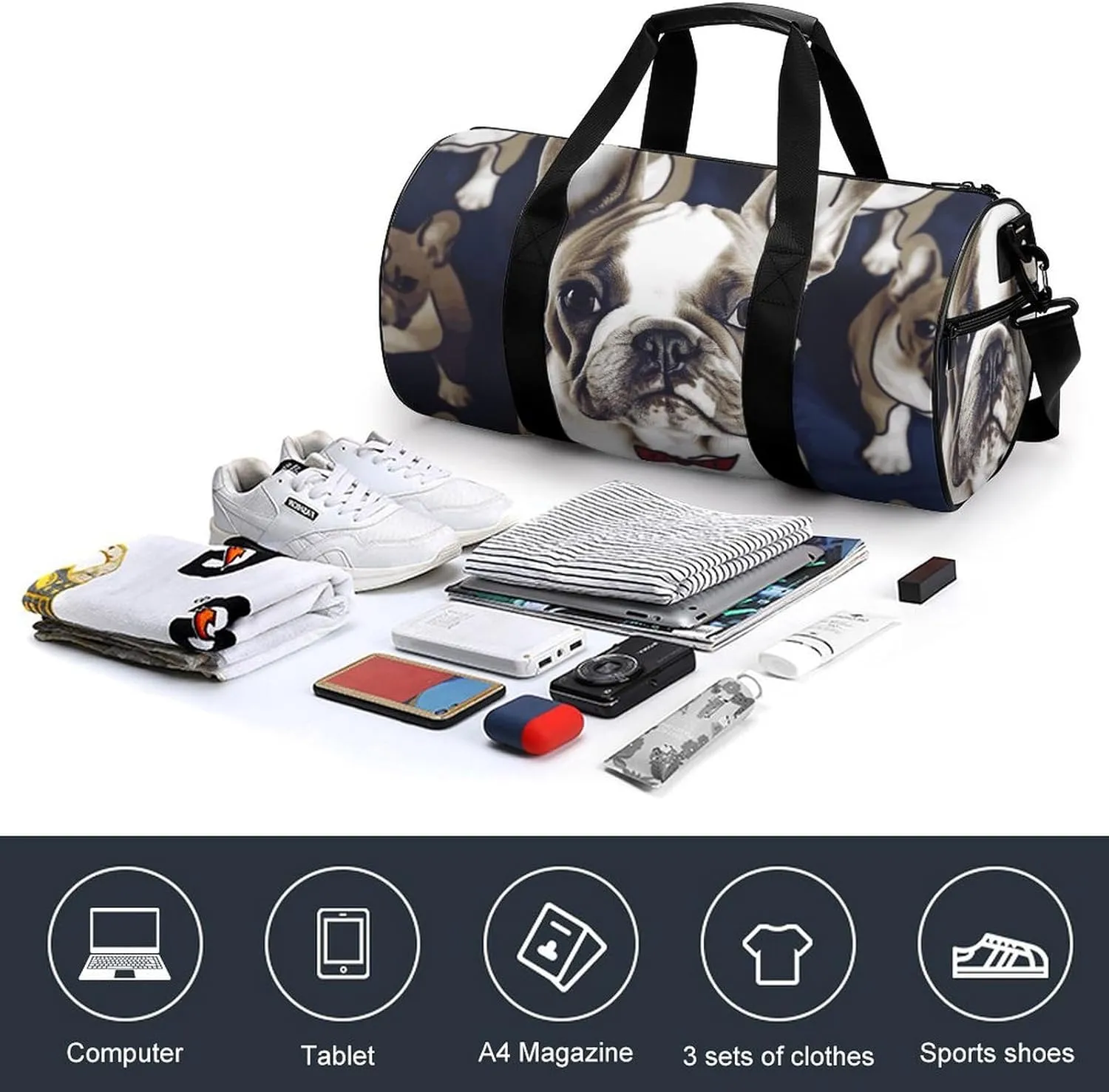 Gym Bag for Men Women Cute French Bulldog Duffel Bag Overnight Bag with Compartment Gym Sackpac