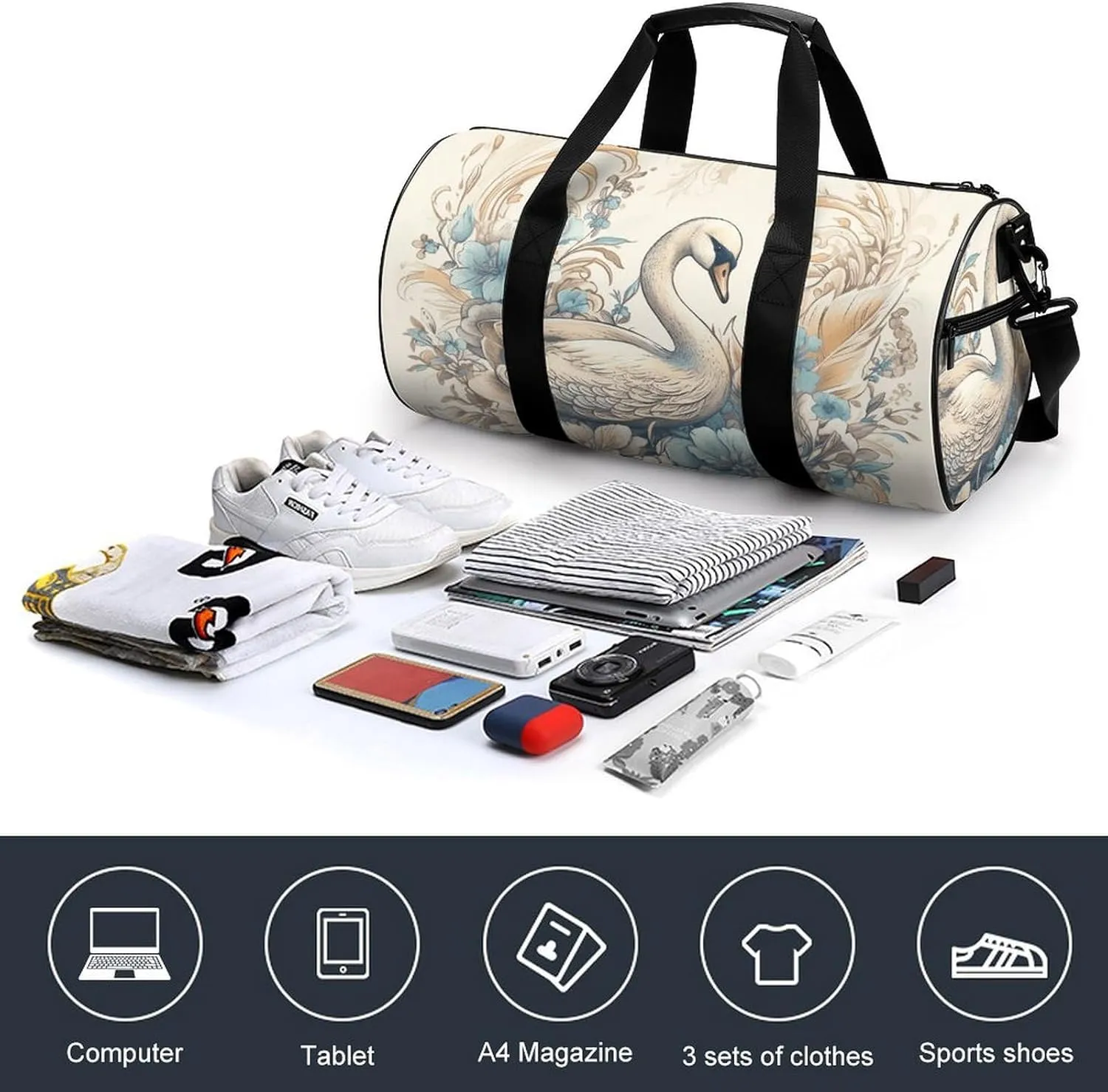 Gym Bag for Men Women Flowers And Swans Duffel Bag Overnight Bag with Compartment Gym Sackpac