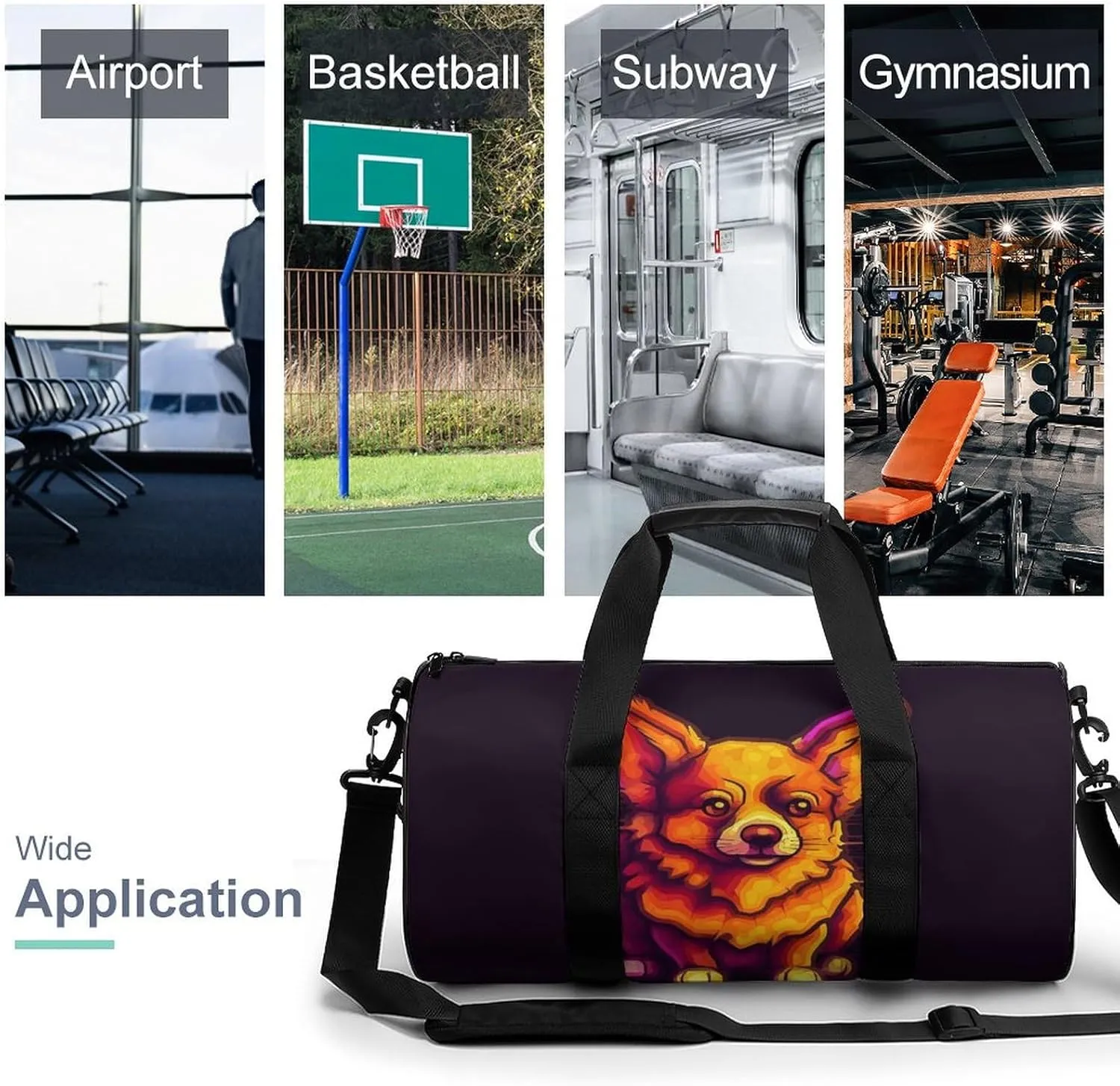 Gym Bag for Men Women Glowing Corgi Image Duffel Bag Overnight Bag with Compartment Gym Sackpac