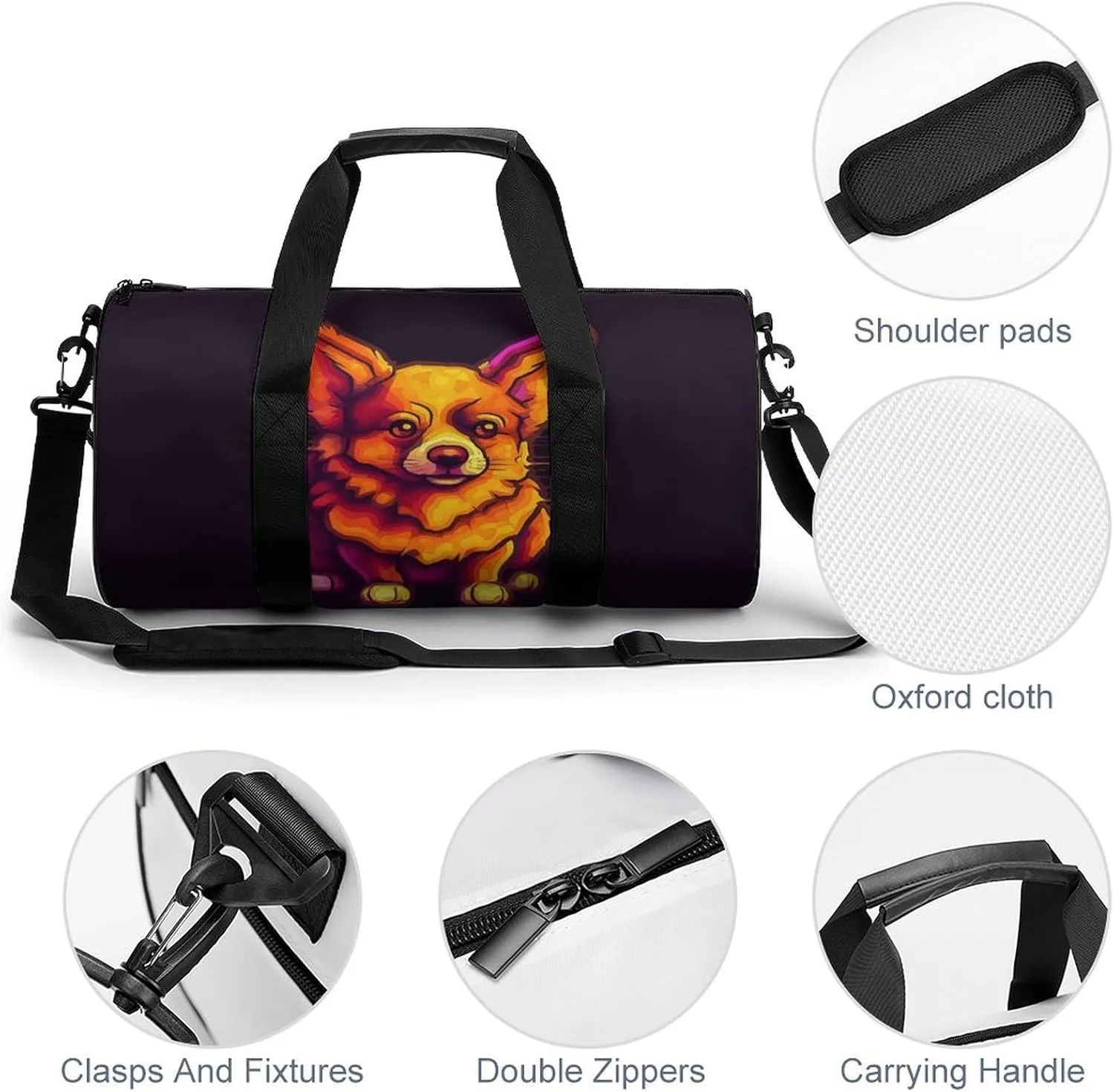 Gym Bag for Men Women Glowing Corgi Image Duffel Bag Overnight Bag with Compartment Gym Sackpac