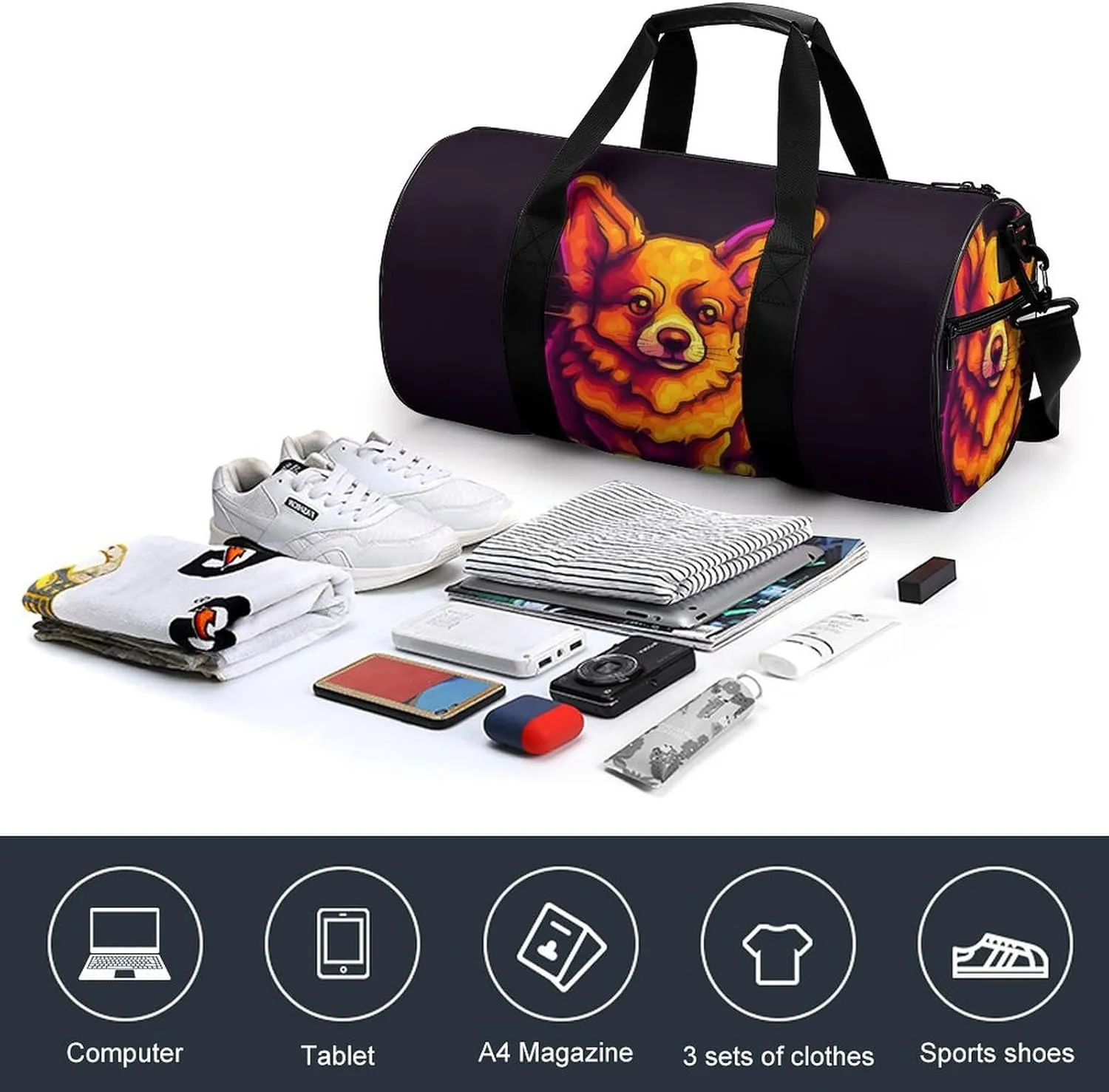 Gym Bag for Men Women Glowing Corgi Image Duffel Bag Overnight Bag with Compartment Gym Sackpac