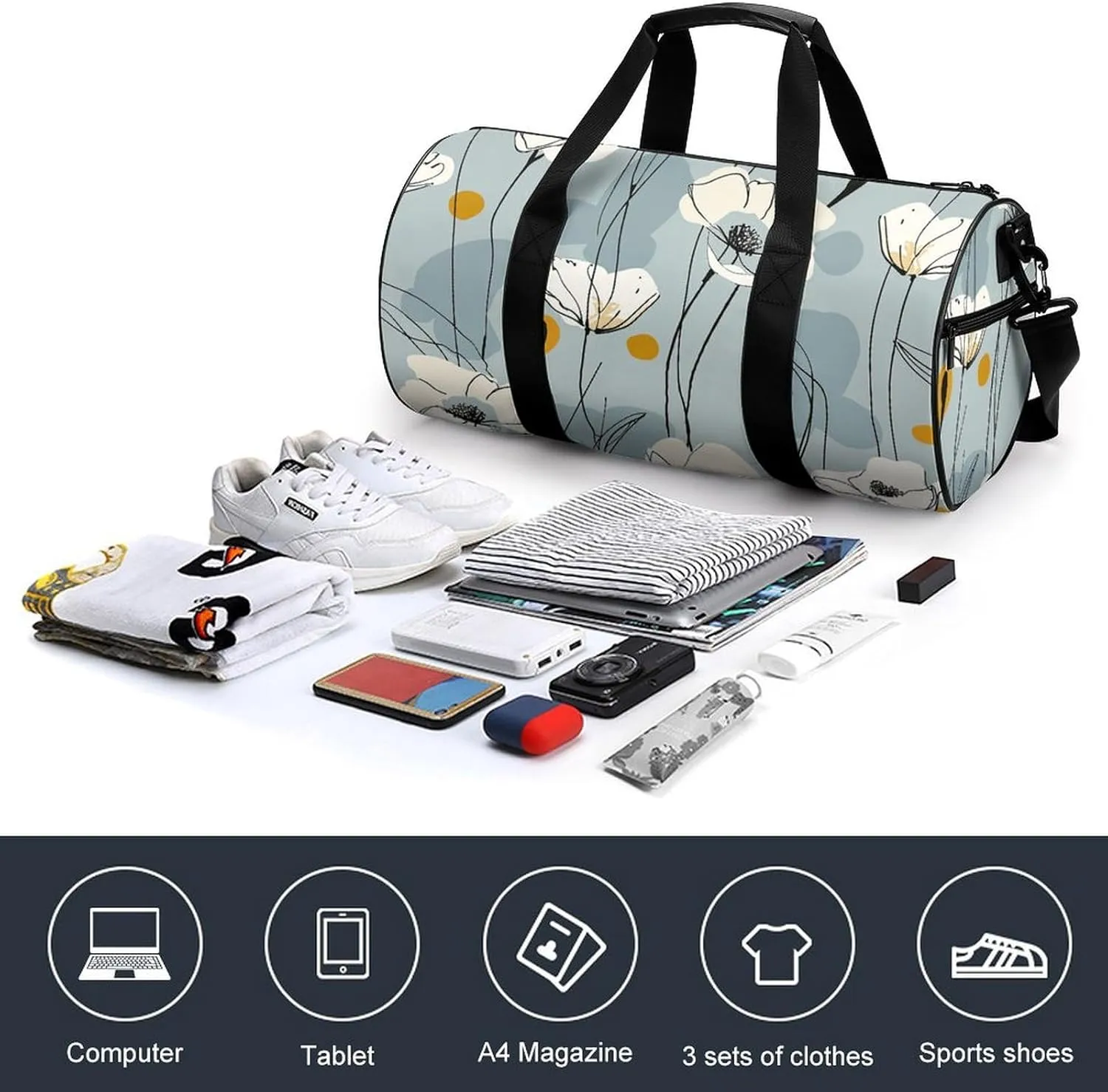 Gym Bag for Men Women Light Blue Petals Duffel Bag Overnight Bag with Compartment Gym Sackpac