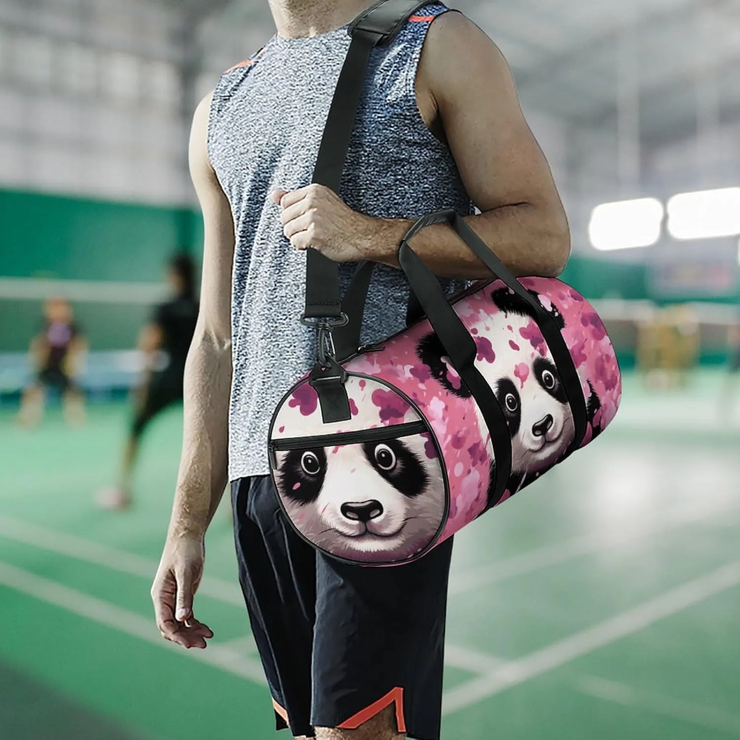 Gym Bag for Men Women Pink Panda Cotton Duffel Bag Overnight Bag with Compartment Gym Sackpac
