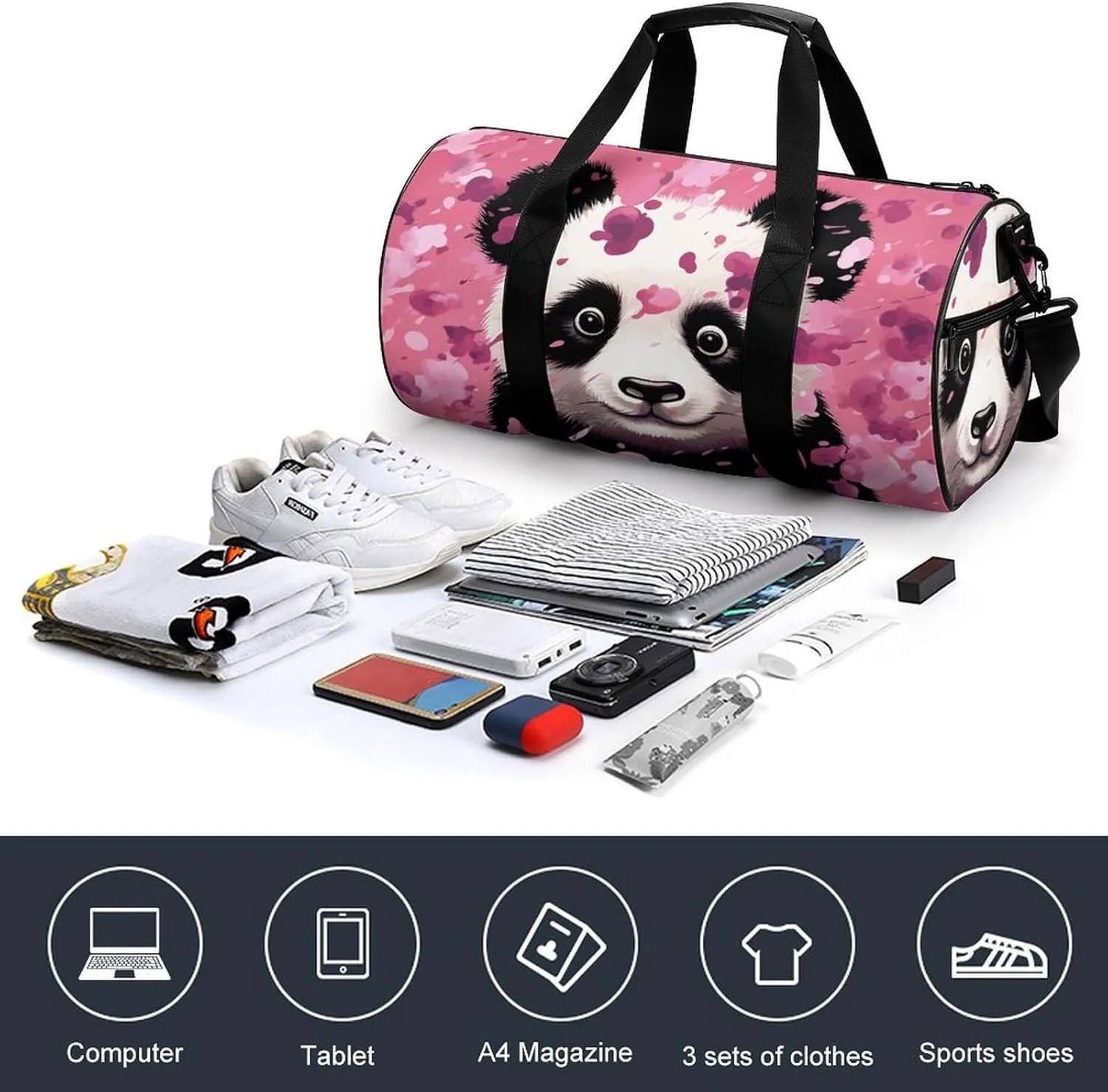 Gym Bag for Men Women Pink Panda Cotton Duffel Bag Overnight Bag with Compartment Gym Sackpac