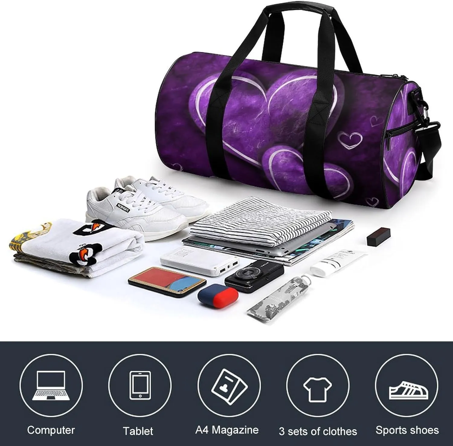 Gym Bag for Men Women Purple Hearts Duffel Bag Overnight Bag with Compartment Gym Sackpac