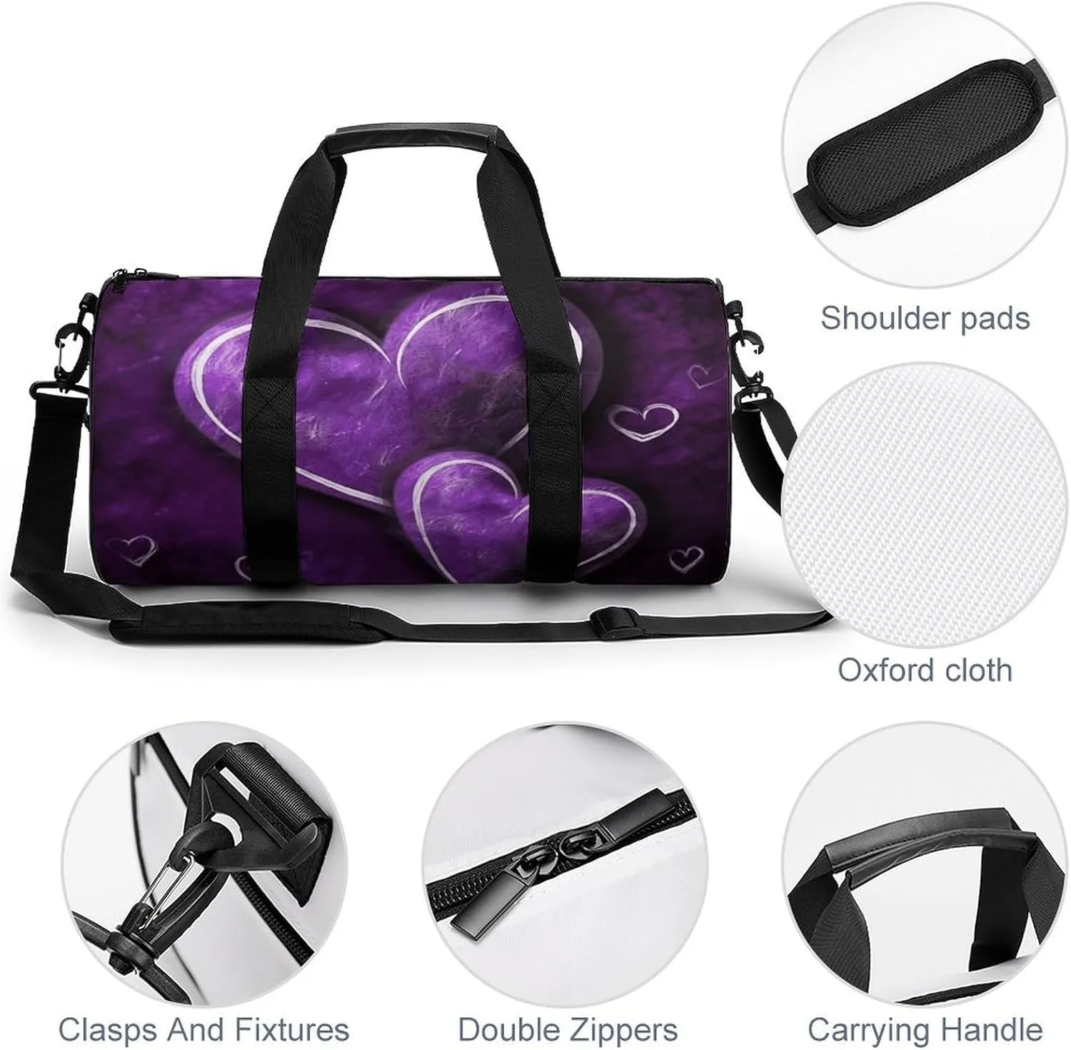 Gym Bag for Men Women Purple Hearts Duffel Bag Overnight Bag with Compartment Gym Sackpac