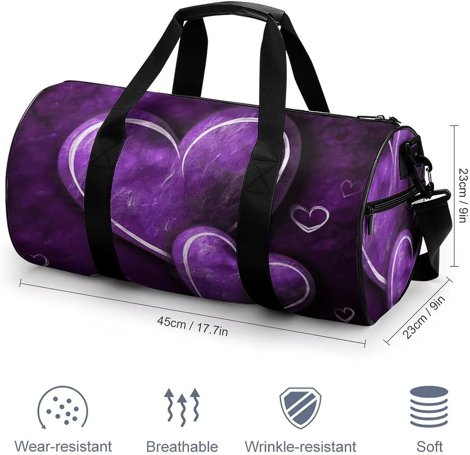 Gym Bag for Men Women Purple Hearts Duffel Bag Overnight Bag with Compartment Gym Sackpac