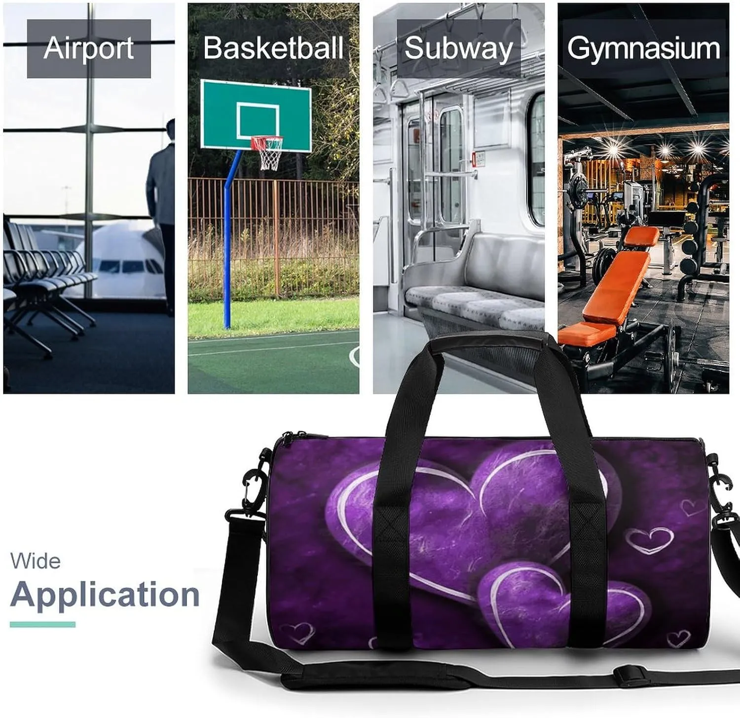 Gym Bag for Men Women Purple Hearts Duffel Bag Overnight Bag with Compartment Gym Sackpac
