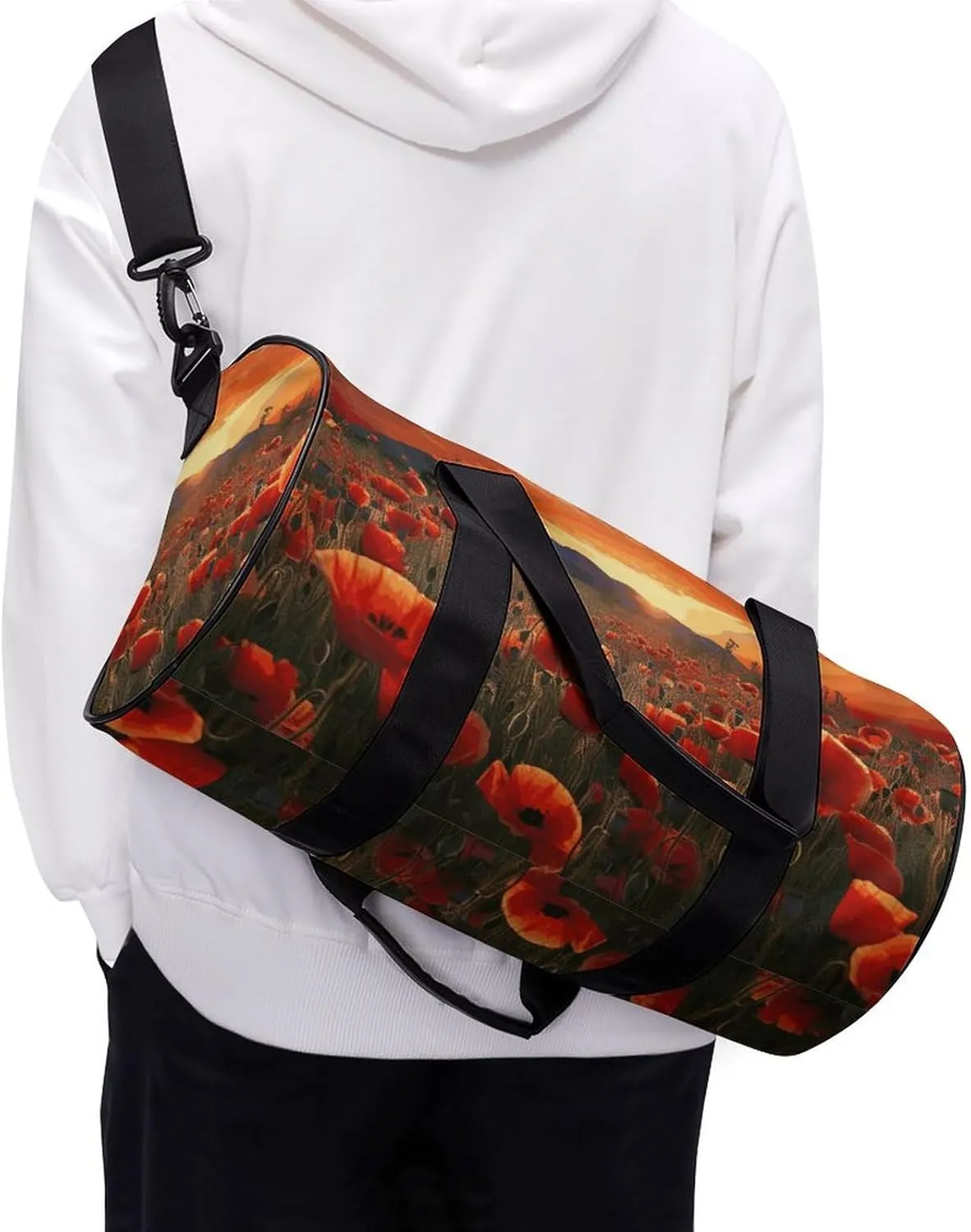 Gym Bag for Men Women Red Poppy Flower Field in Sunset Duffel Bag Overnight Bag with Compartment Gym Sackpac