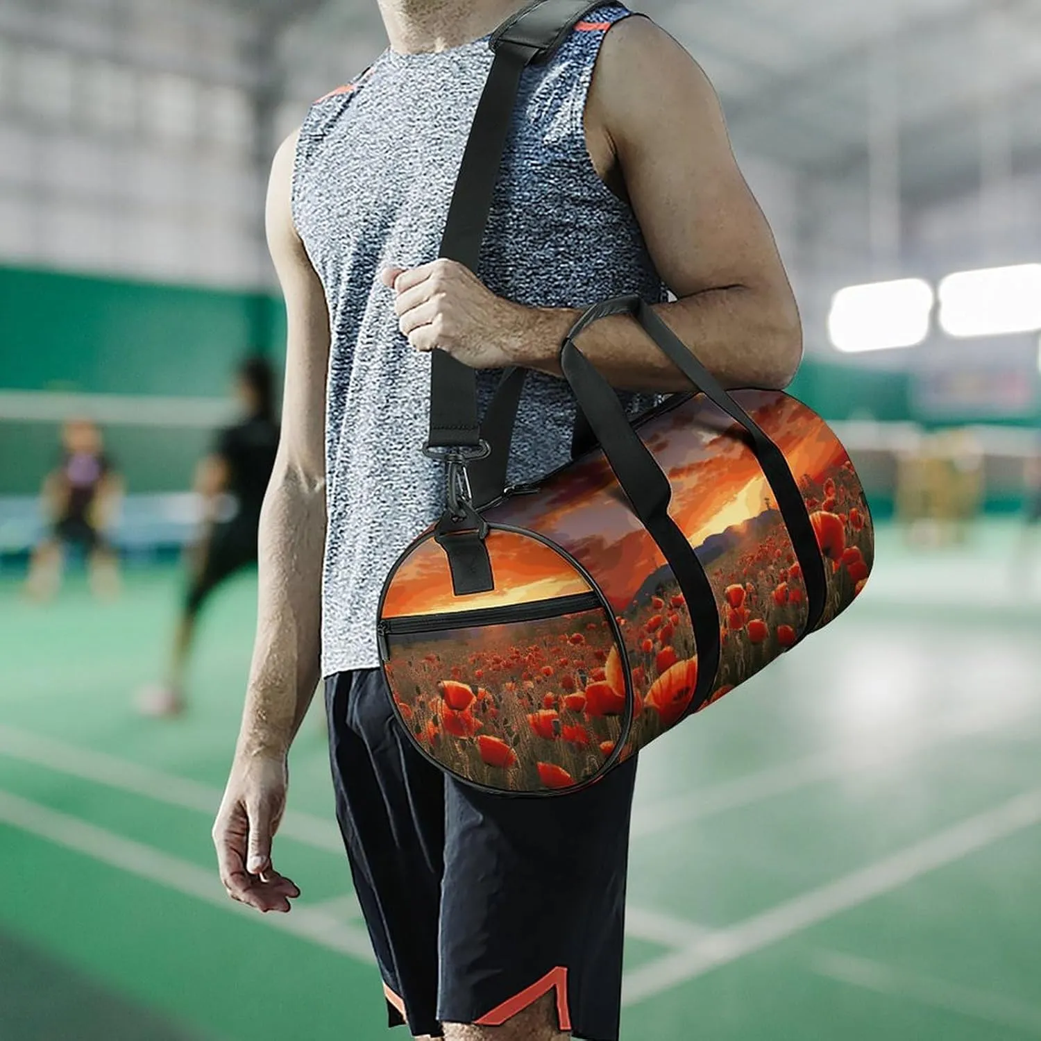 Gym Bag for Men Women Red Poppy Flower Field in Sunset Duffel Bag Overnight Bag with Compartment Gym Sackpac