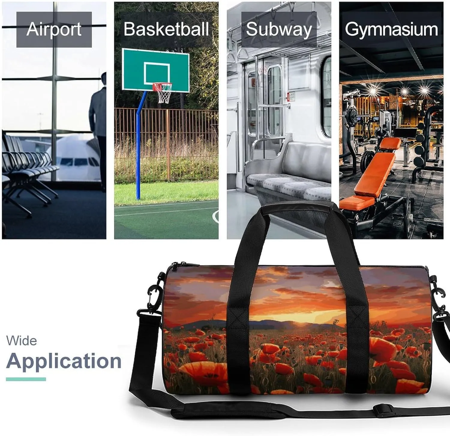 Gym Bag for Men Women Red Poppy Flower Field in Sunset Duffel Bag Overnight Bag with Compartment Gym Sackpac