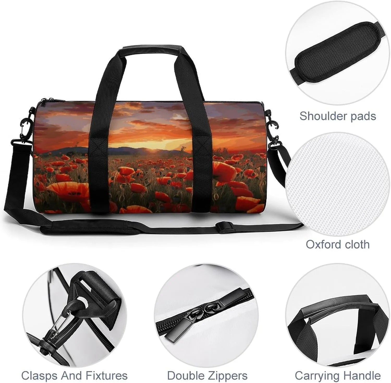Gym Bag for Men Women Red Poppy Flower Field in Sunset Duffel Bag Overnight Bag with Compartment Gym Sackpac