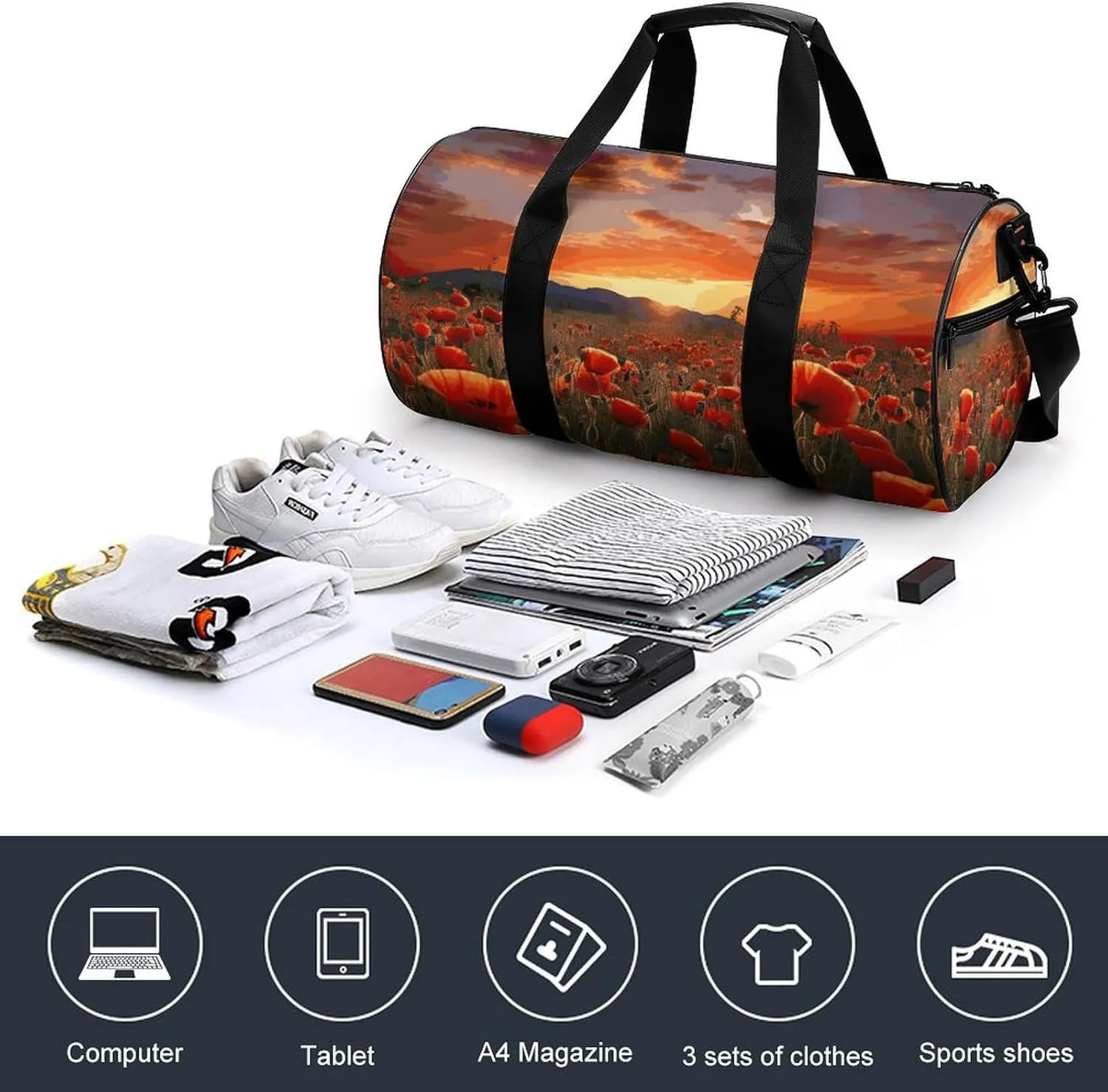 Gym Bag for Men Women Red Poppy Flower Field in Sunset Duffel Bag Overnight Bag with Compartment Gym Sackpac
