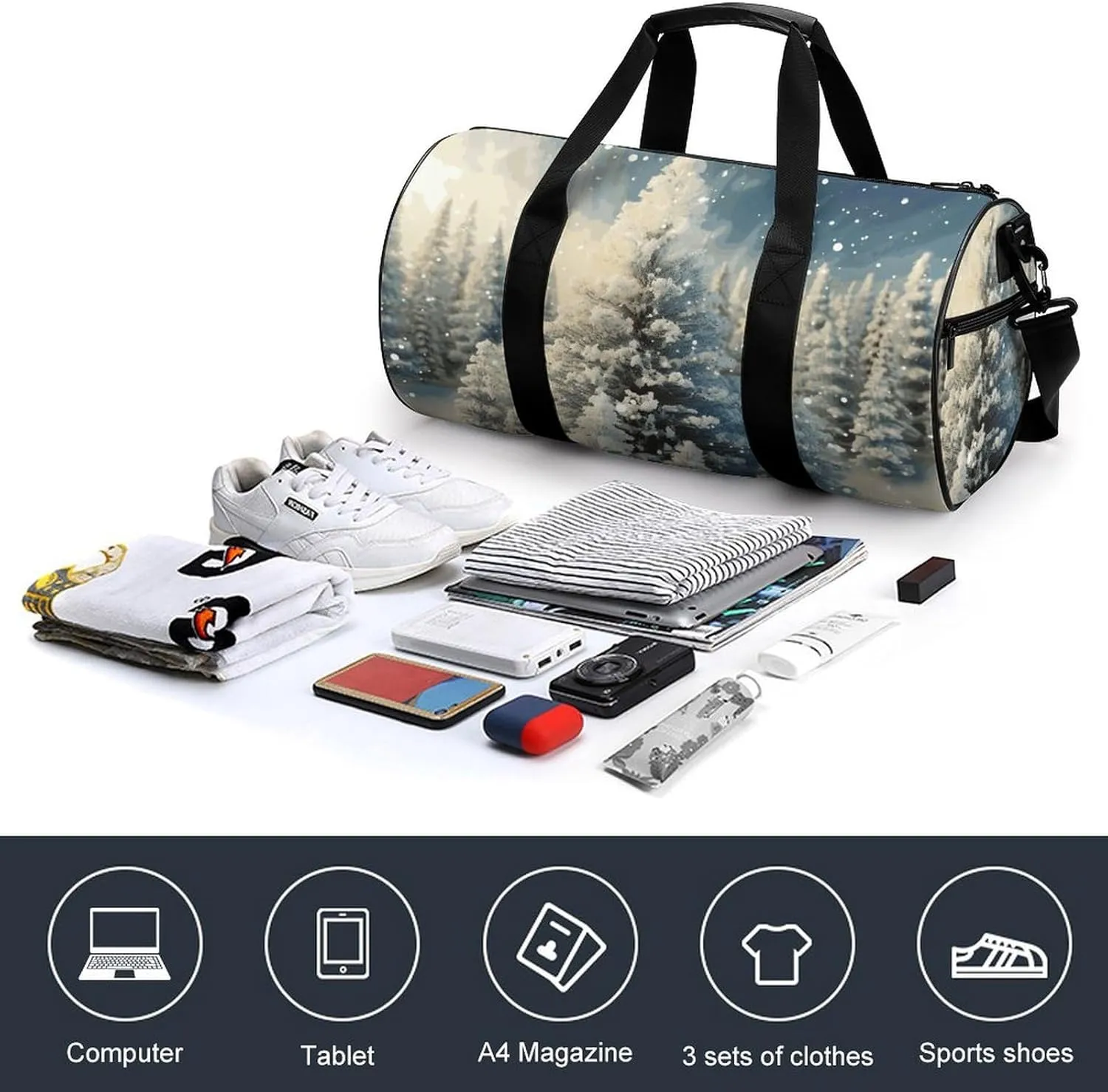 Gym Bag for Men Women Snow Wonderland Pine Tree Christmas Duffel Bag Overnight Bag with Compartment Gym Sackpac