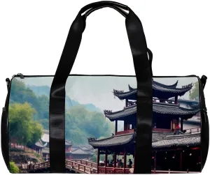 Gym Bags for Men,Travel Duffel Bags for Women,Forest Ancient Building Bridge,Workout Bag