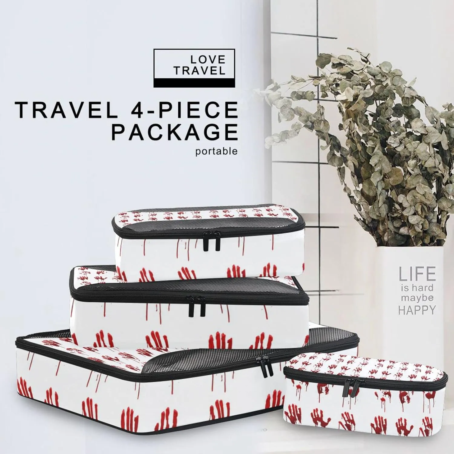 Halloween Bloody Hand Prints Set Horror and Dirty Bleeding Red Palm 4 PCs Set Packing Bags, Luggage Organizer Bag, Portable Cube Toiletry bag, Durable Travel Cosmetic Storage Bag for Men Women
