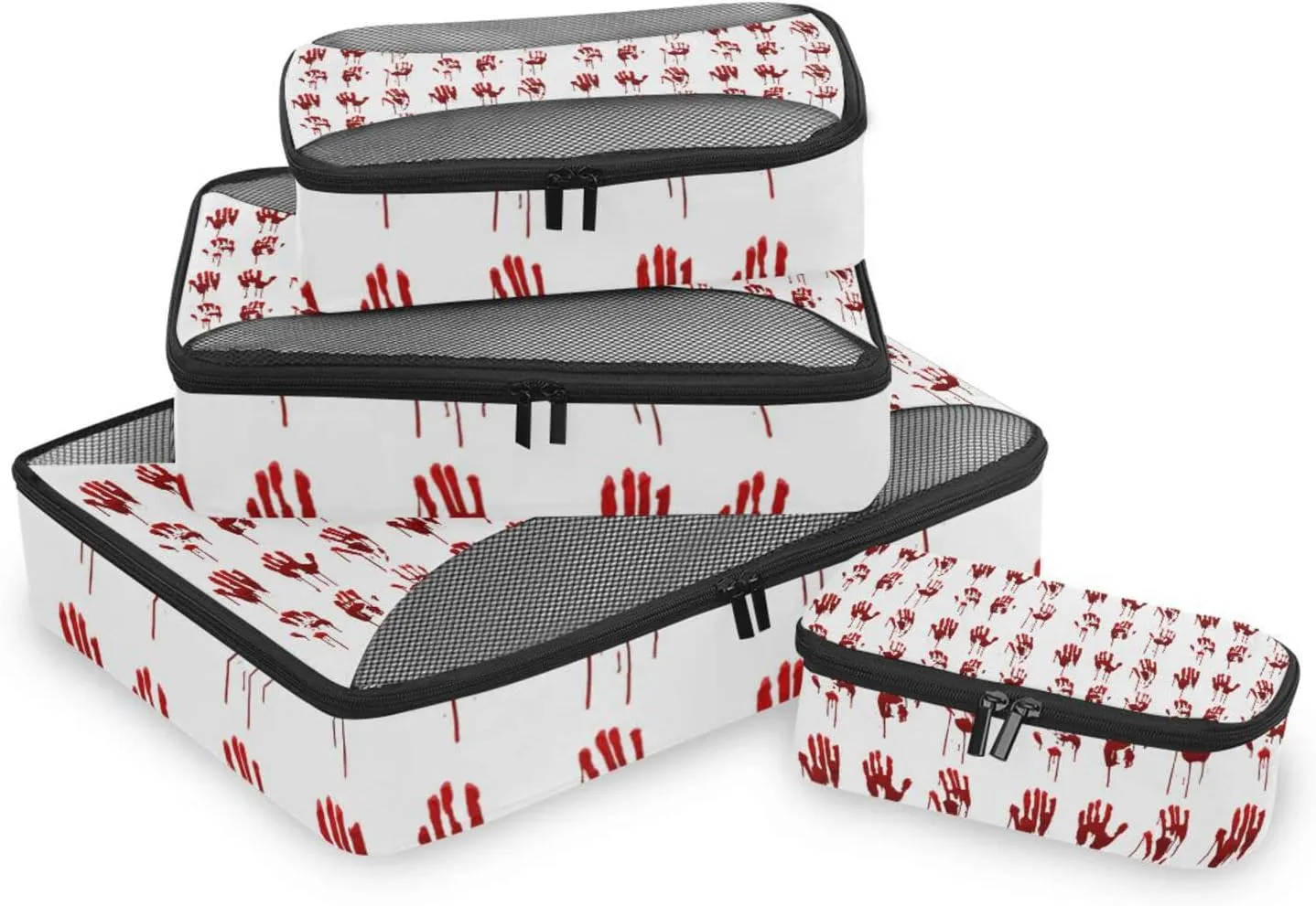 Halloween Bloody Hand Prints Set Horror and Dirty Bleeding Red Palm 4 PCs Set Packing Bags, Luggage Organizer Bag, Portable Cube Toiletry bag, Durable Travel Cosmetic Storage Bag for Men Women