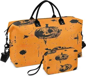 Halloween Pumpkin Lamp Quilted Weekender Travel Bag with Toiletry Bag Gym Tote Handbag Carry On Duffel Bags-2Pack