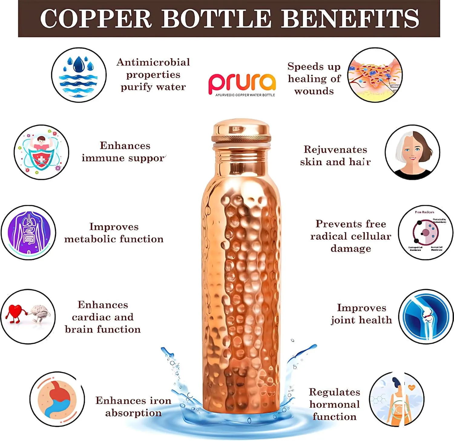 Hammered Copper Water Bottle – Pure Copper Water Vessel - Ayurvedic Water Bottle – Drink More Water – Large - Leak Proof