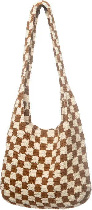 Handmade Checkered Pattern Crochet Tote Bag, Aesthetic Hobo Shoulder Crochet Beach Bag
