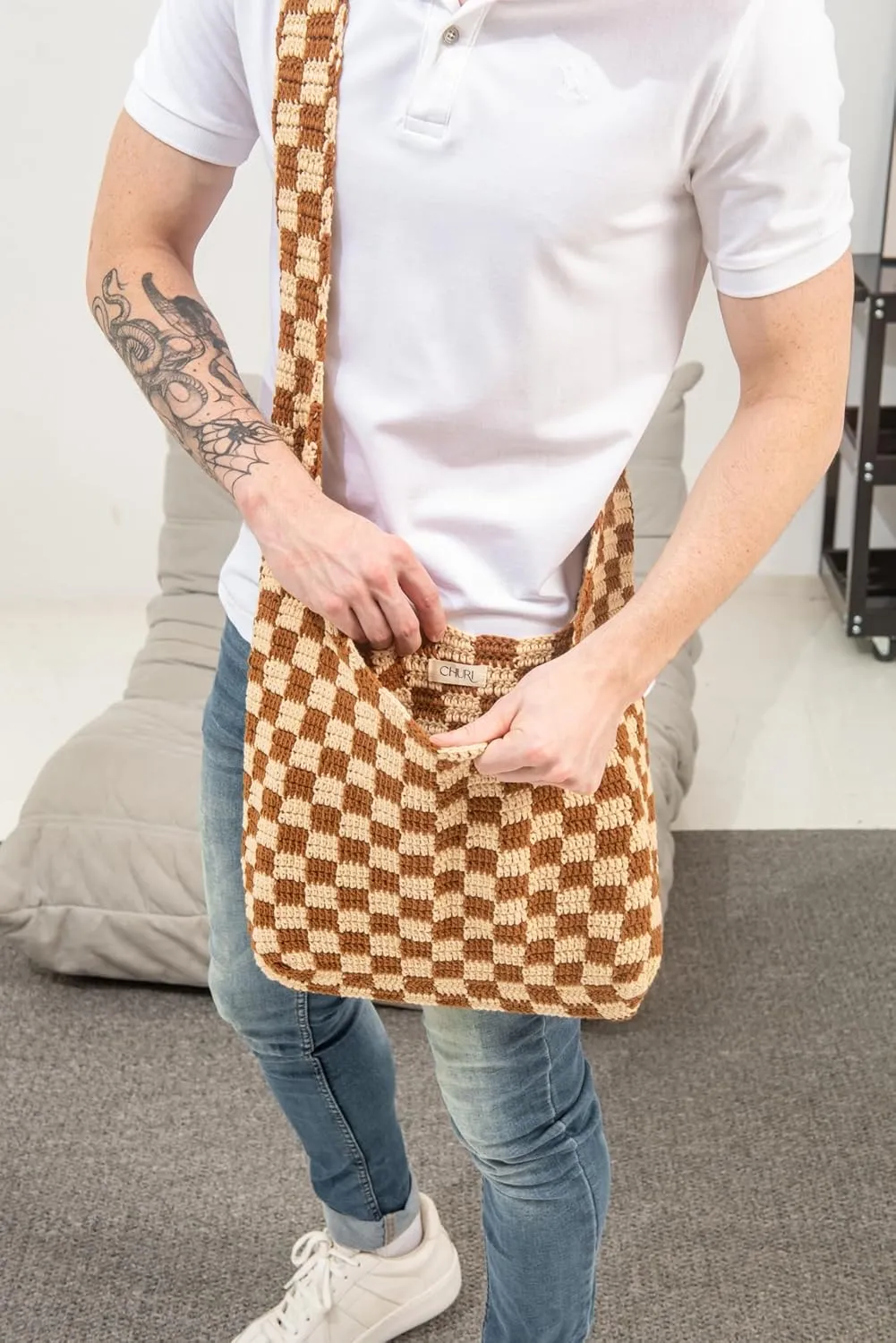 Handmade Checkered Pattern Crochet Tote Bag, Aesthetic Hobo Shoulder Crochet Beach Bag