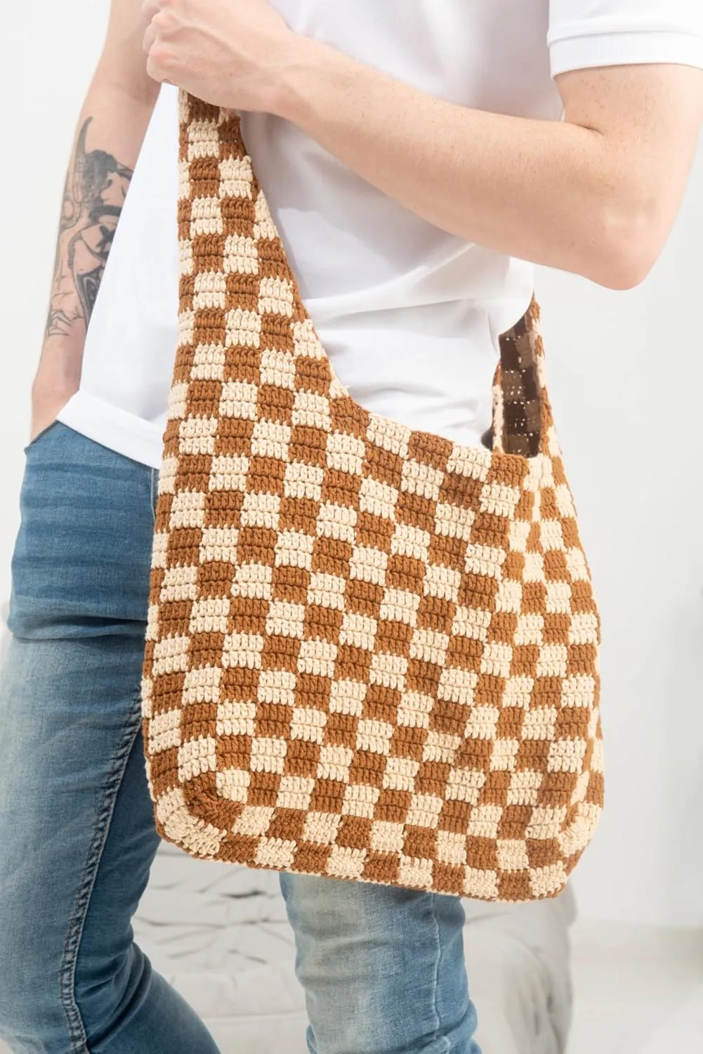 Handmade Checkered Pattern Crochet Tote Bag, Aesthetic Hobo Shoulder Crochet Beach Bag