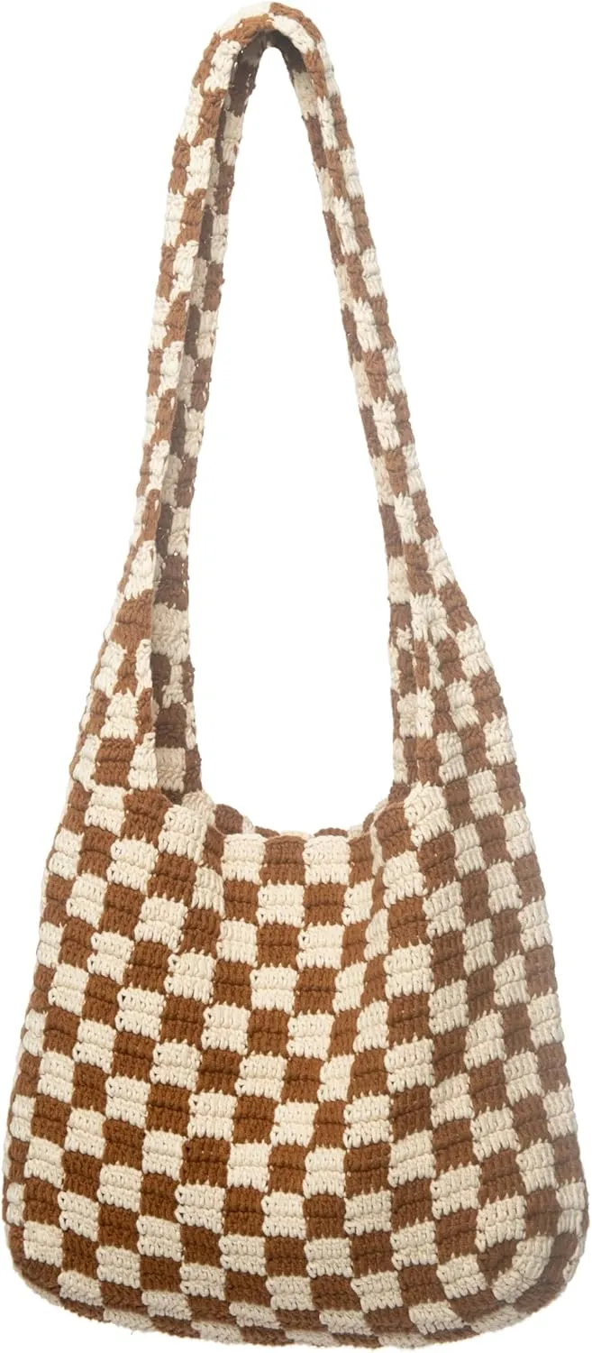 Handmade Checkered Pattern Crochet Tote Bag, Aesthetic Hobo Shoulder Crochet Beach Bag