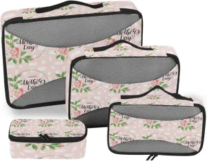 Happy Mother's Day Ink Watercolor Roses with White Stains on Pink 4 PCs Set Packing Bags, Luggage Organizer Bag, Portable Cube Toiletry bag, Durable Travel Cosmetic Storage Bag for Men Women