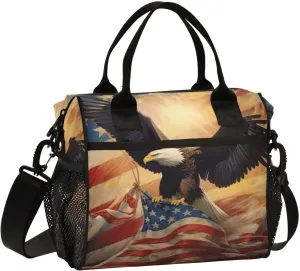 Hawk America Flag Lunch Box for Women Men Insulated Lunch Bag Reusable Cooler Bag Lunch Tote Bags for Office Adult Work Beach Picnic Travel with Adjustable Shoulder Strap Gifts
