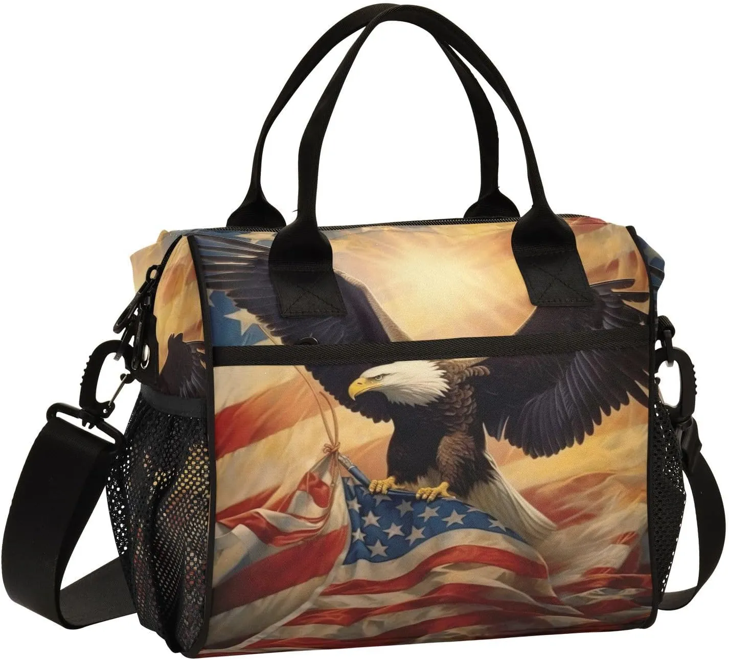 Hawk America Flag Lunch Box for Women Men Insulated Lunch Bag Reusable Cooler Bag Lunch Tote Bags for Office Adult Work Beach Picnic Travel with Adjustable Shoulder Strap Gifts