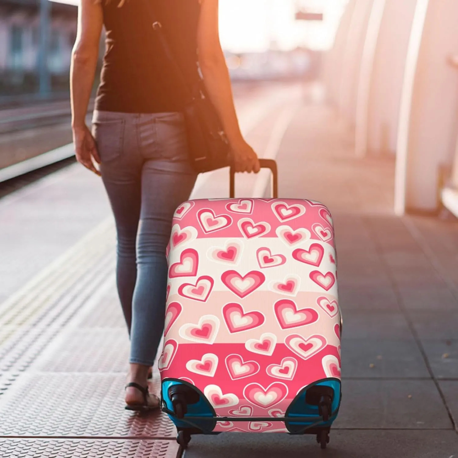 Hearts Pattern Luggage Covers Travel Suitcase Cover Protector Fit 18-32 Inch Luggage