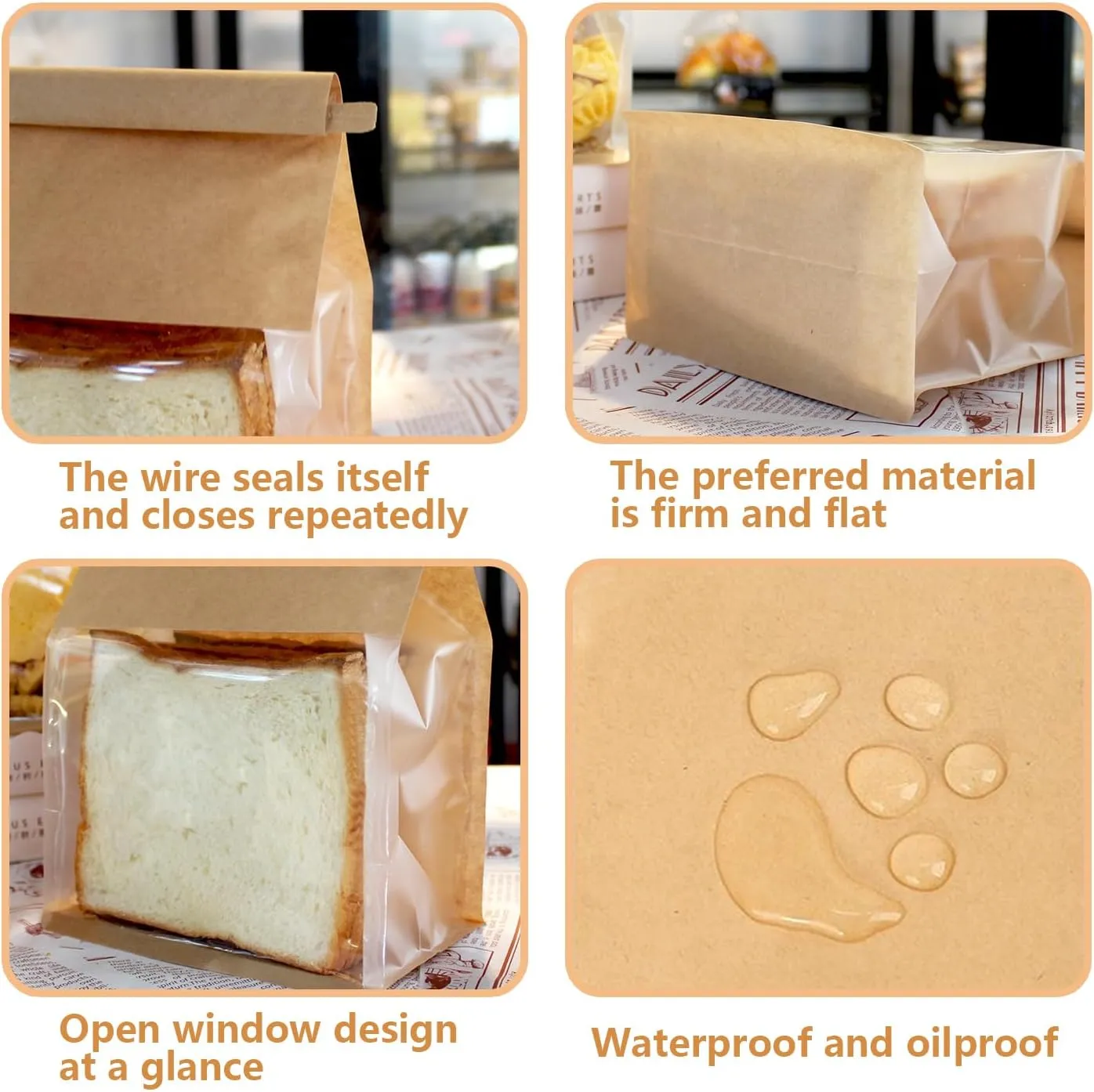 Heavy Duty Large Kraft Paper Bread Bags with Tin Tie Tab Lock 50pcs, Loaf Bag with Clear Front Window, Storage Packaging Treat Bag for Bakery Cafe Homemade Bread 10.6” × 4.3” × 8.7”