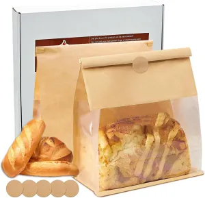 Heavy Duty Large Kraft Paper Bread Bags with Tin Tie Tab Lock 50pcs, Loaf Bag with Clear Front Window, Storage Packaging Treat Bag for Bakery Cafe Homemade Bread 10.6” × 4.3” × 8.7”