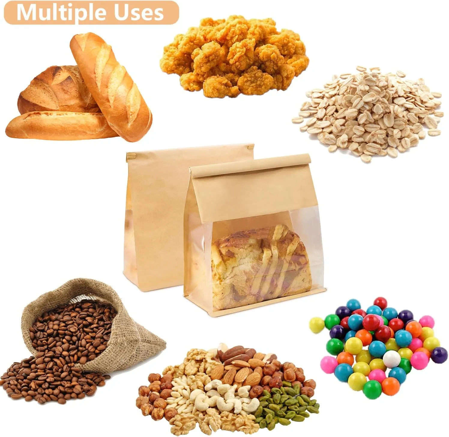 Heavy Duty Large Kraft Paper Bread Bags with Tin Tie Tab Lock 50pcs, Loaf Bag with Clear Front Window, Storage Packaging Treat Bag for Bakery Cafe Homemade Bread 10.6” × 4.3” × 8.7”